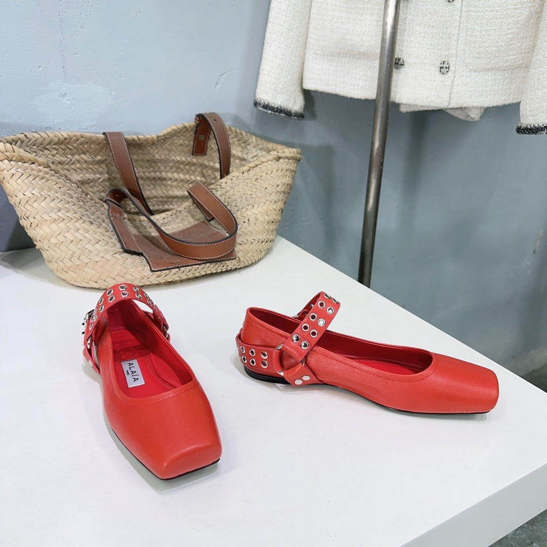 Alaia Biker Ballet Flats Red Cowhide 674317