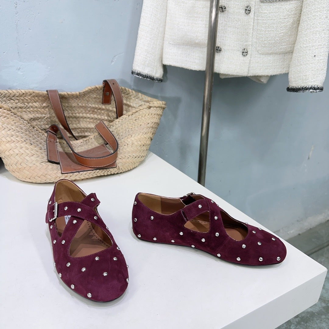 Alaia Criss Cross Ballet Flats With Stud Burgundy Suede 674304
