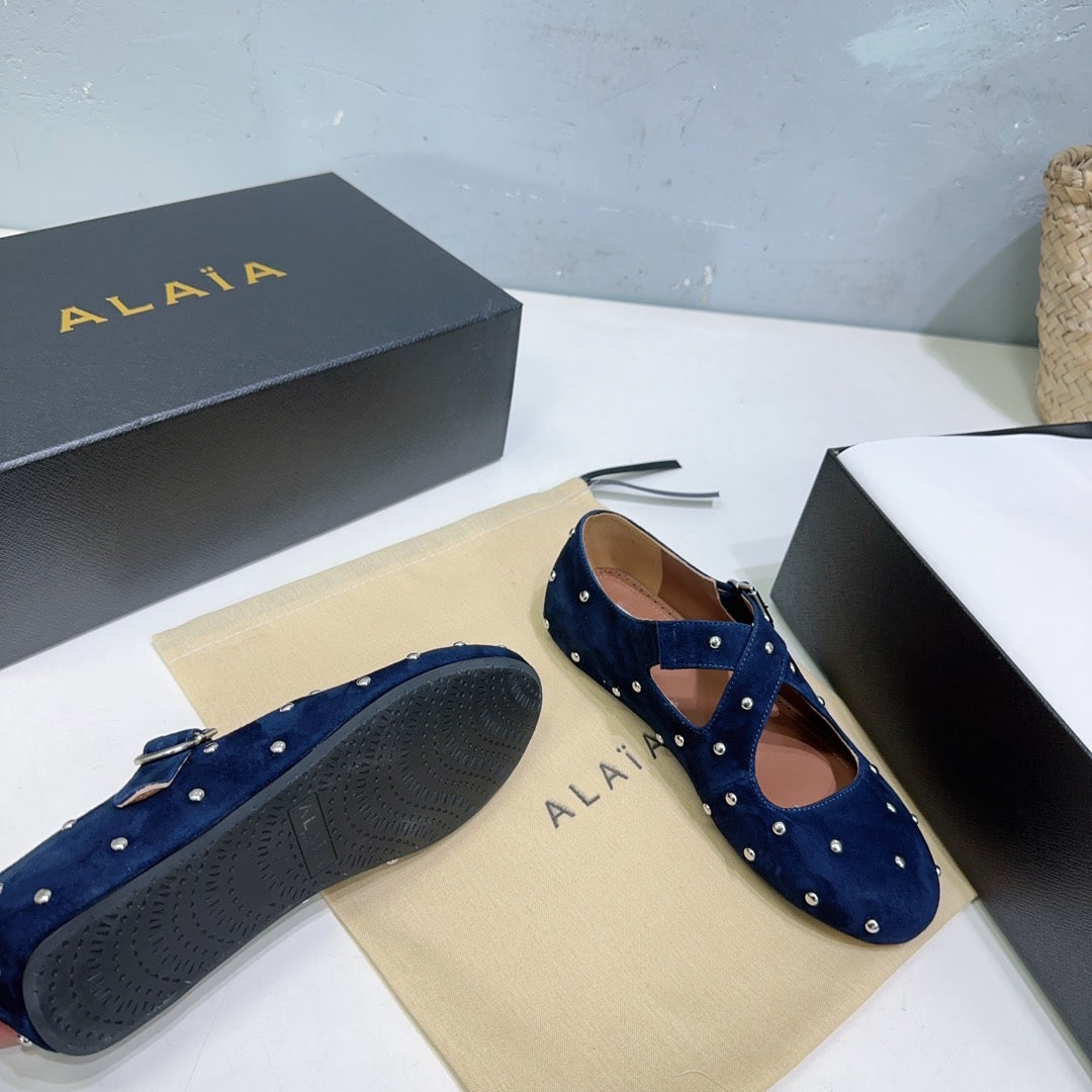 Alaia Criss Cross Ballet Flats With Stud Dark Blue Suede 674305