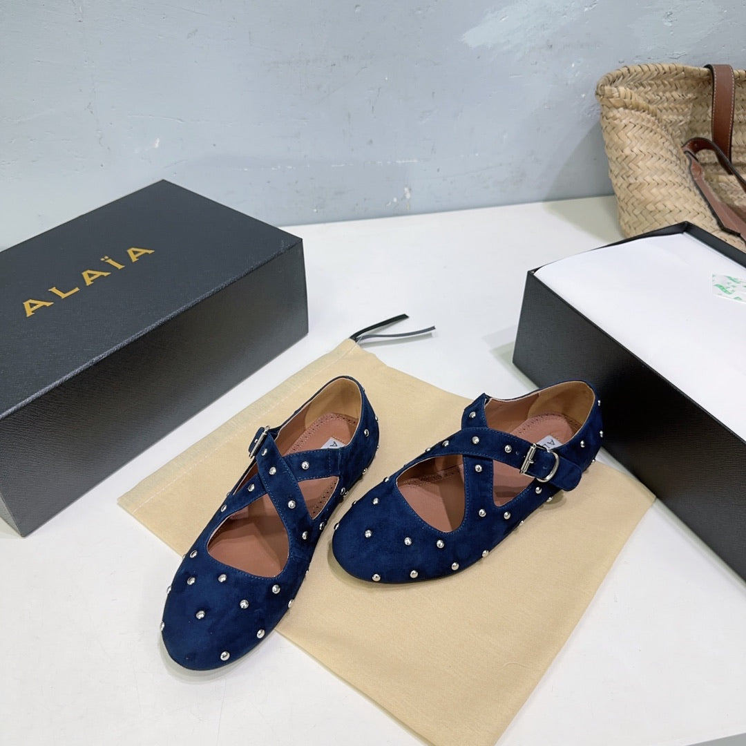 Alaia Criss Cross Ballet Flats With Stud Dark Blue Suede 674305