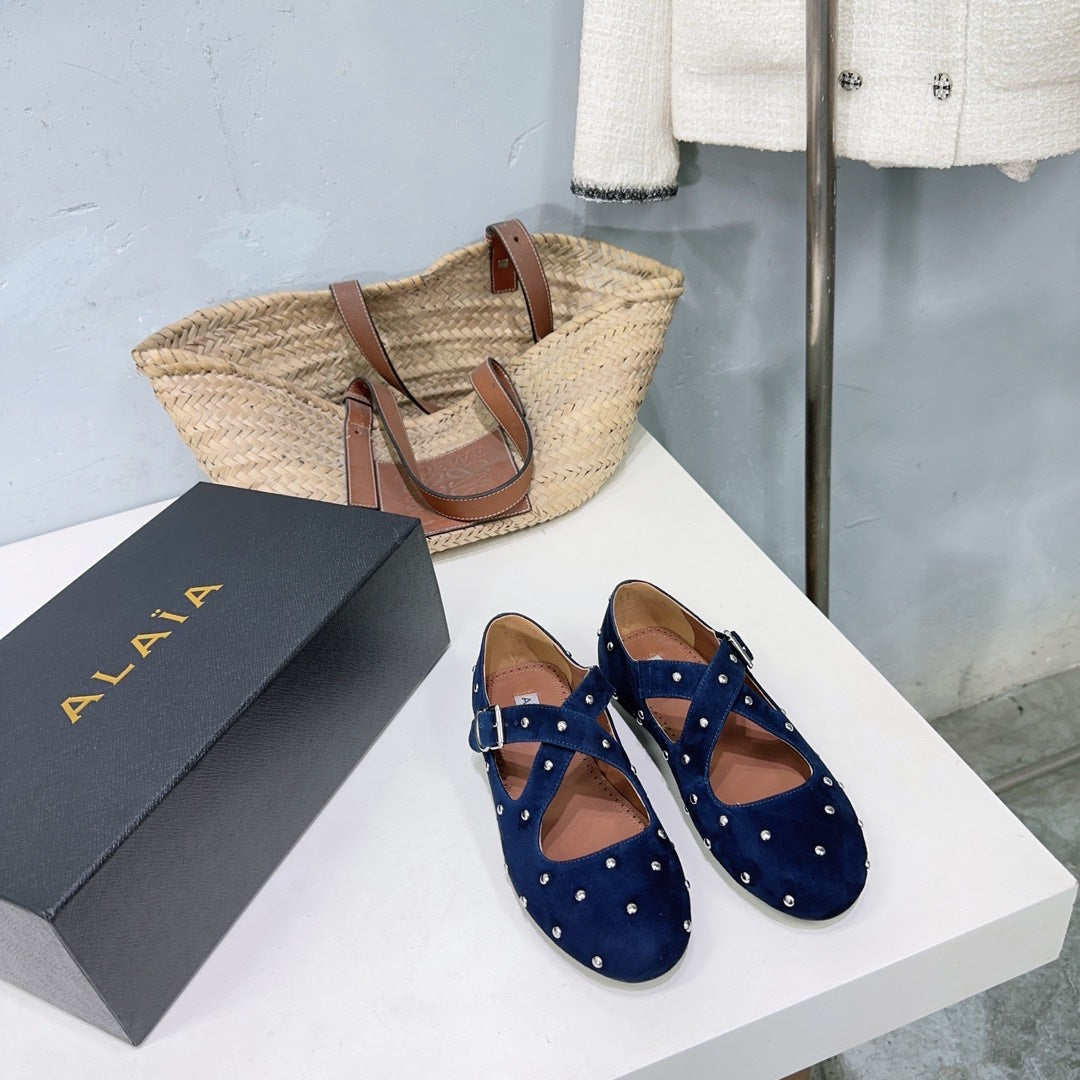 Alaia Criss Cross Ballet Flats With Stud Dark Blue Suede 674305