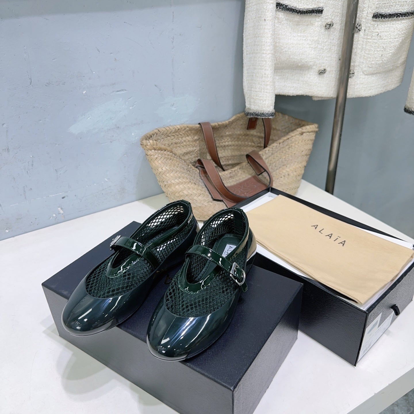 Alaia Ballet Flats Teal Green Mesh Patent Leather 674311