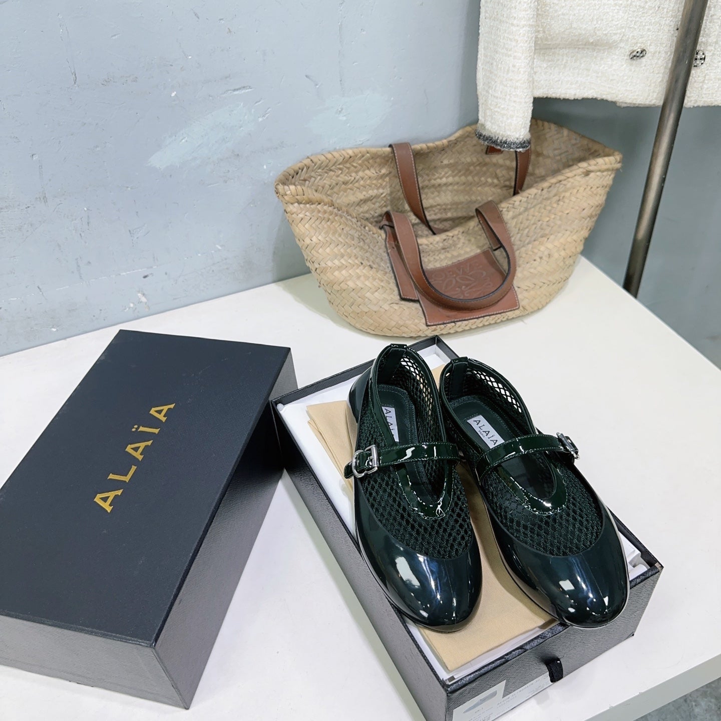 Alaia Ballet Flats Teal Green Mesh Patent Leather 674311