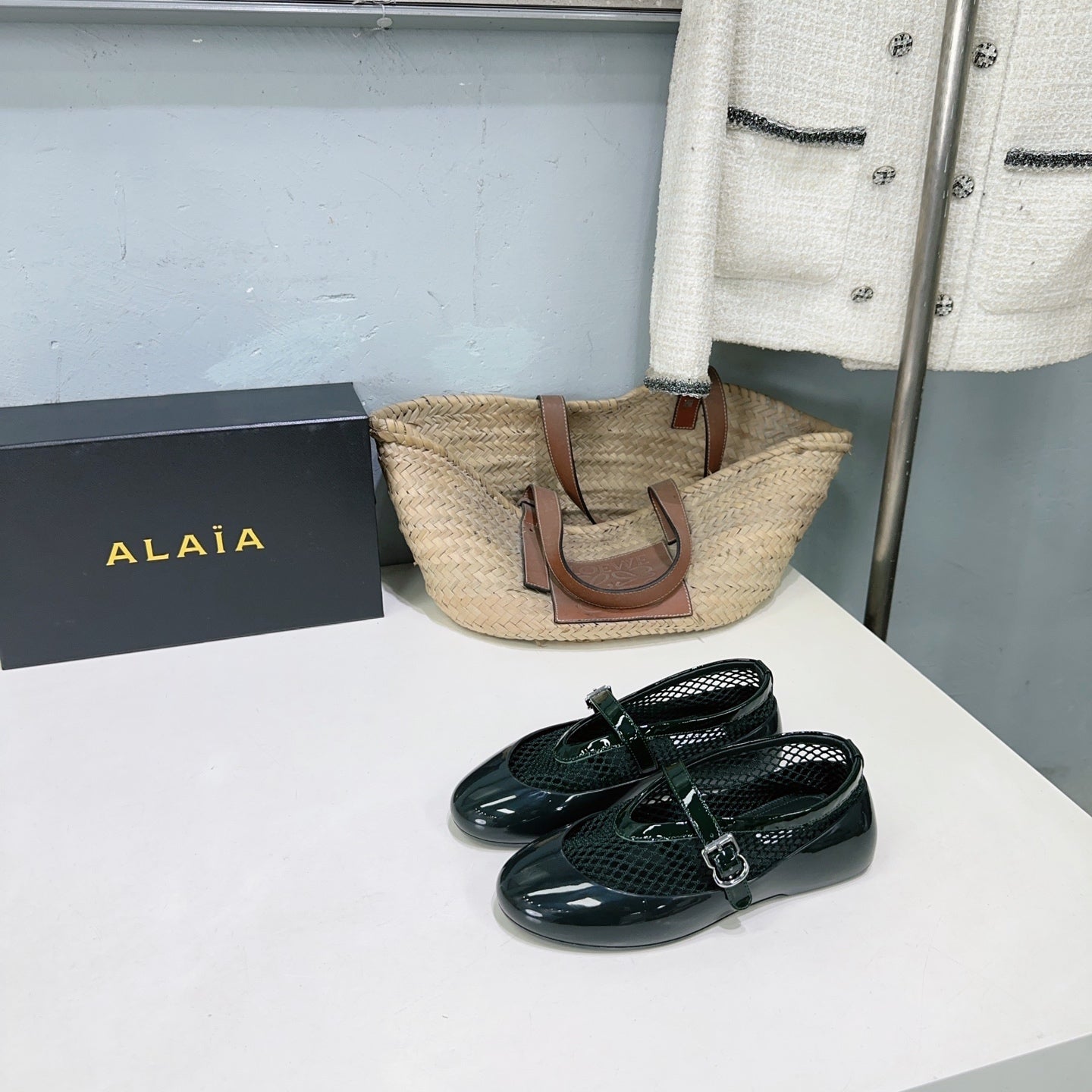Alaia Ballet Flats Teal Green Mesh Patent Leather 674311