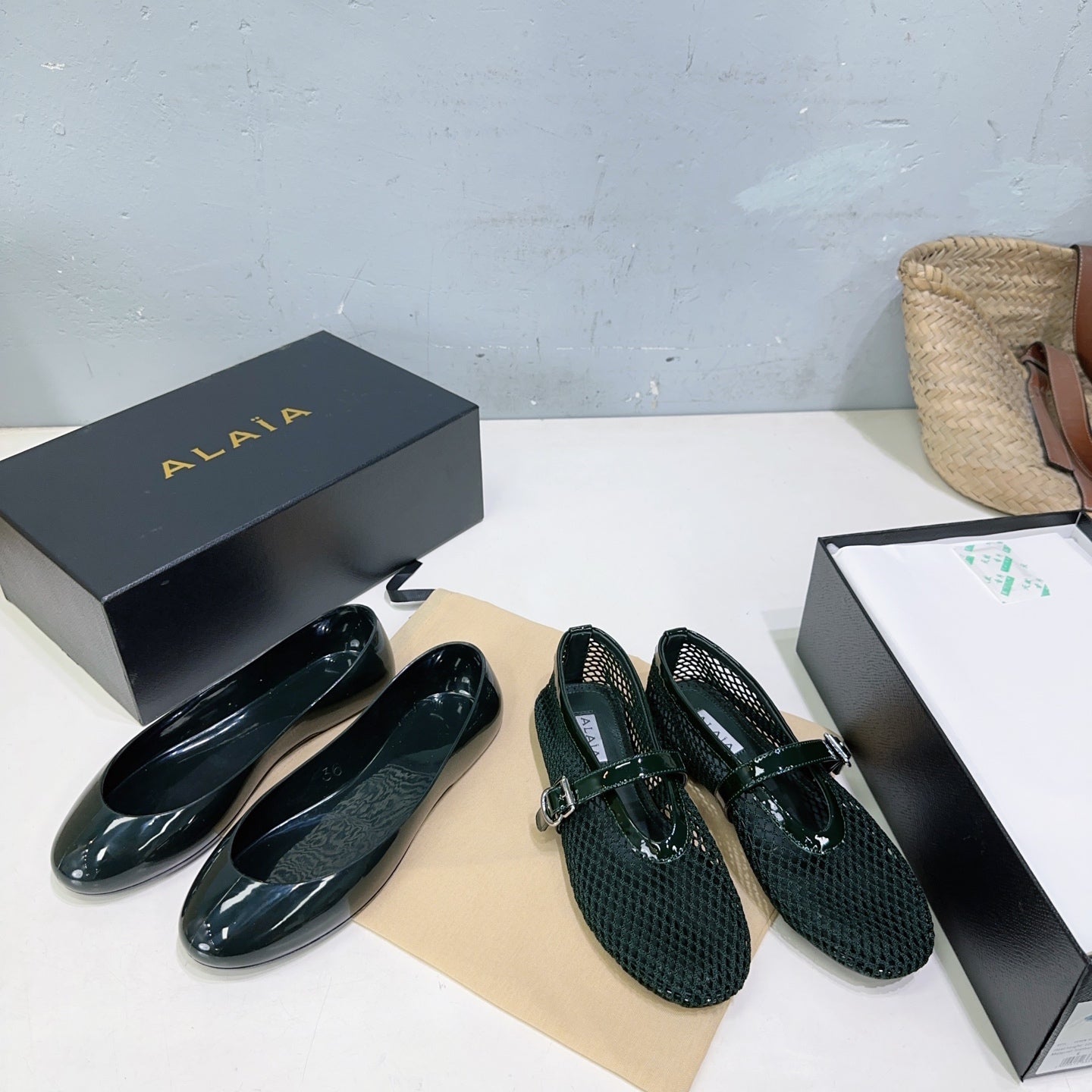 Alaia Ballet Flats Teal Green Mesh Patent Leather 674311