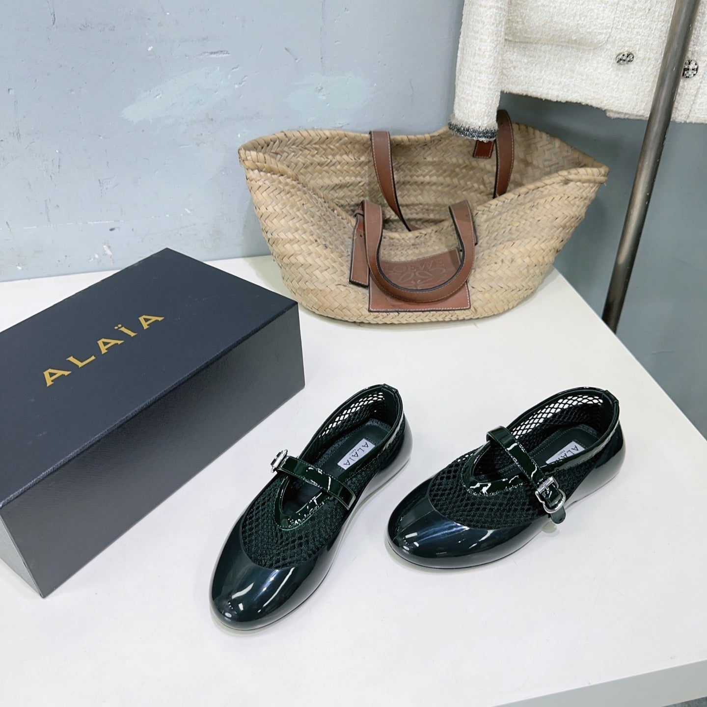 Alaia Ballet Flats Teal Green Mesh Patent Leather 674311