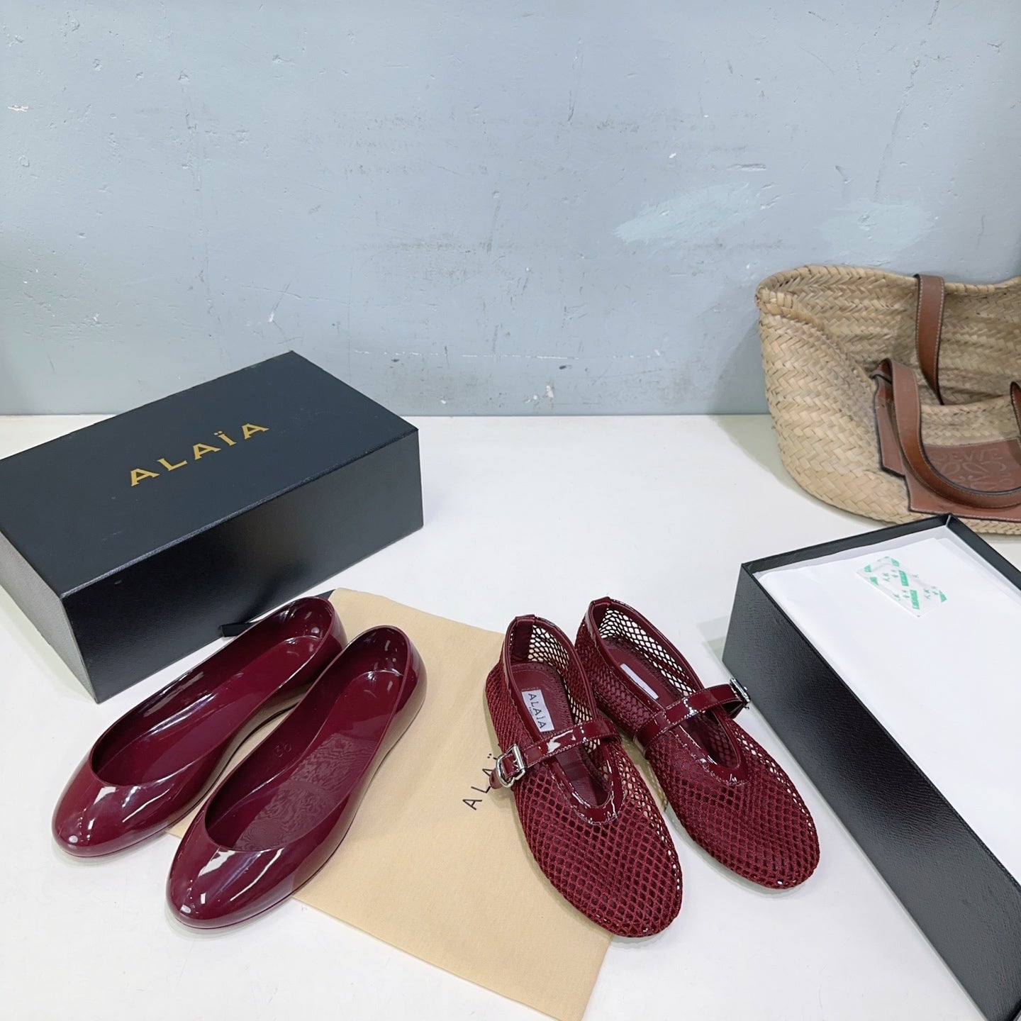 Alaia Ballet Flats Burgundy Mesh Patent Leather 674313