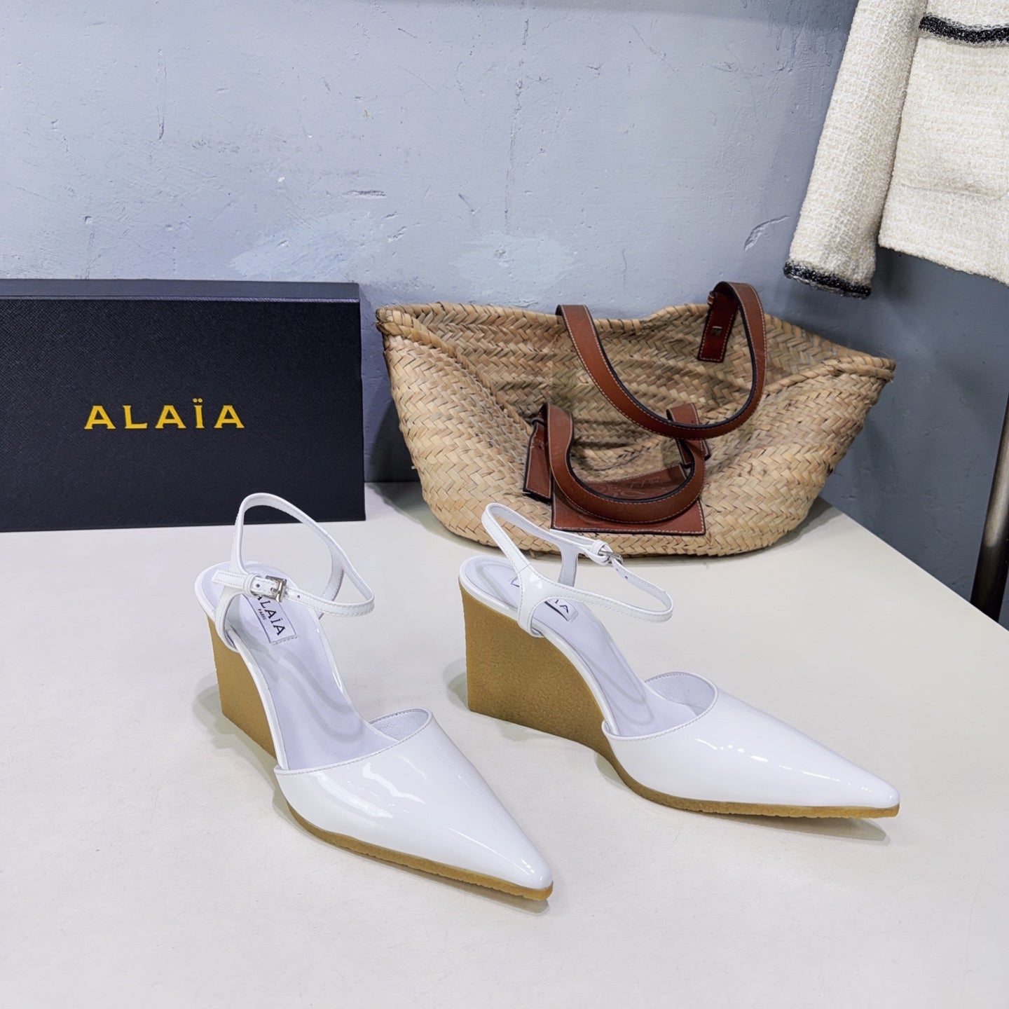 Alaia Wedge Pumps 10cm White Sheepskin 674289