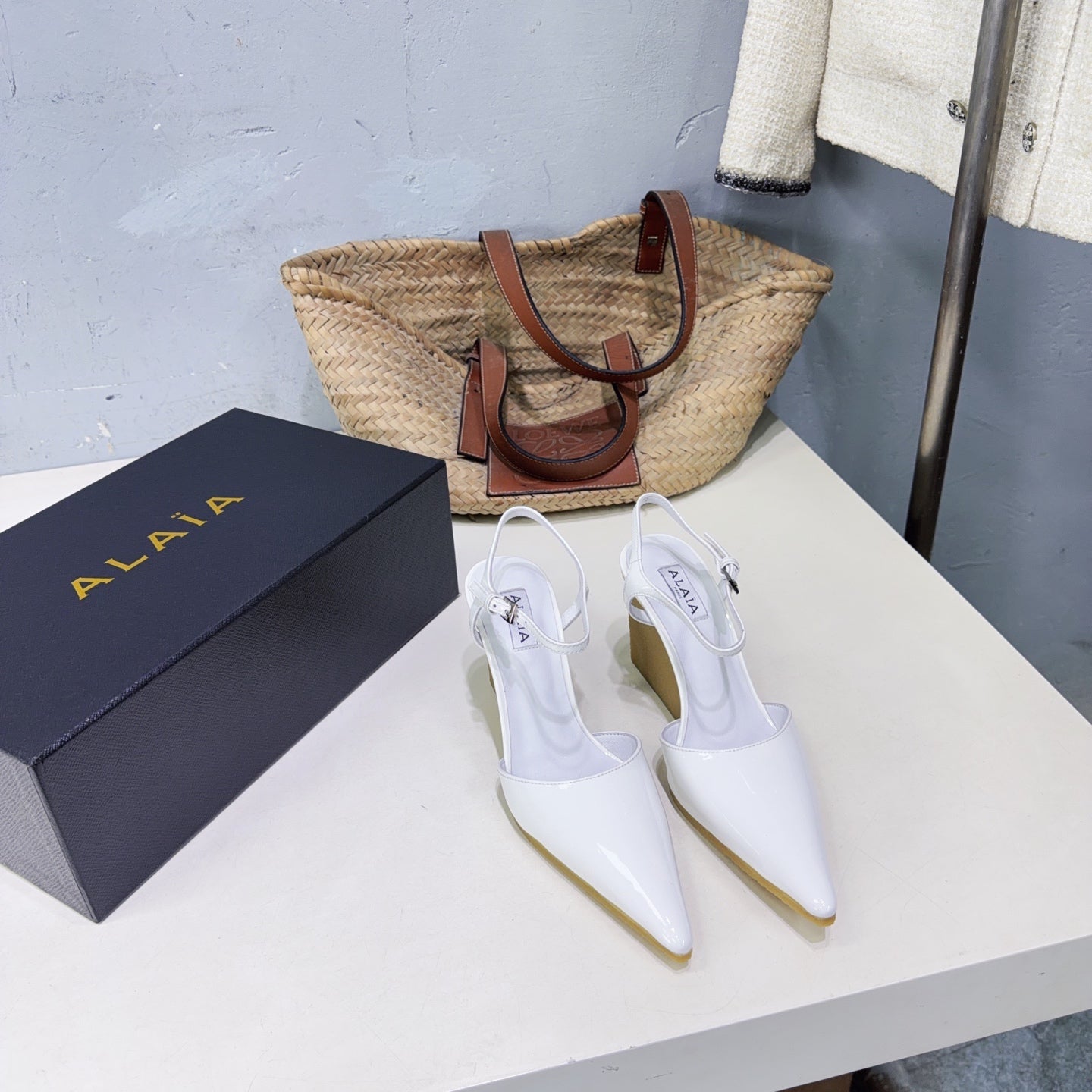 Alaia Wedge Pumps 10cm White Sheepskin 674289