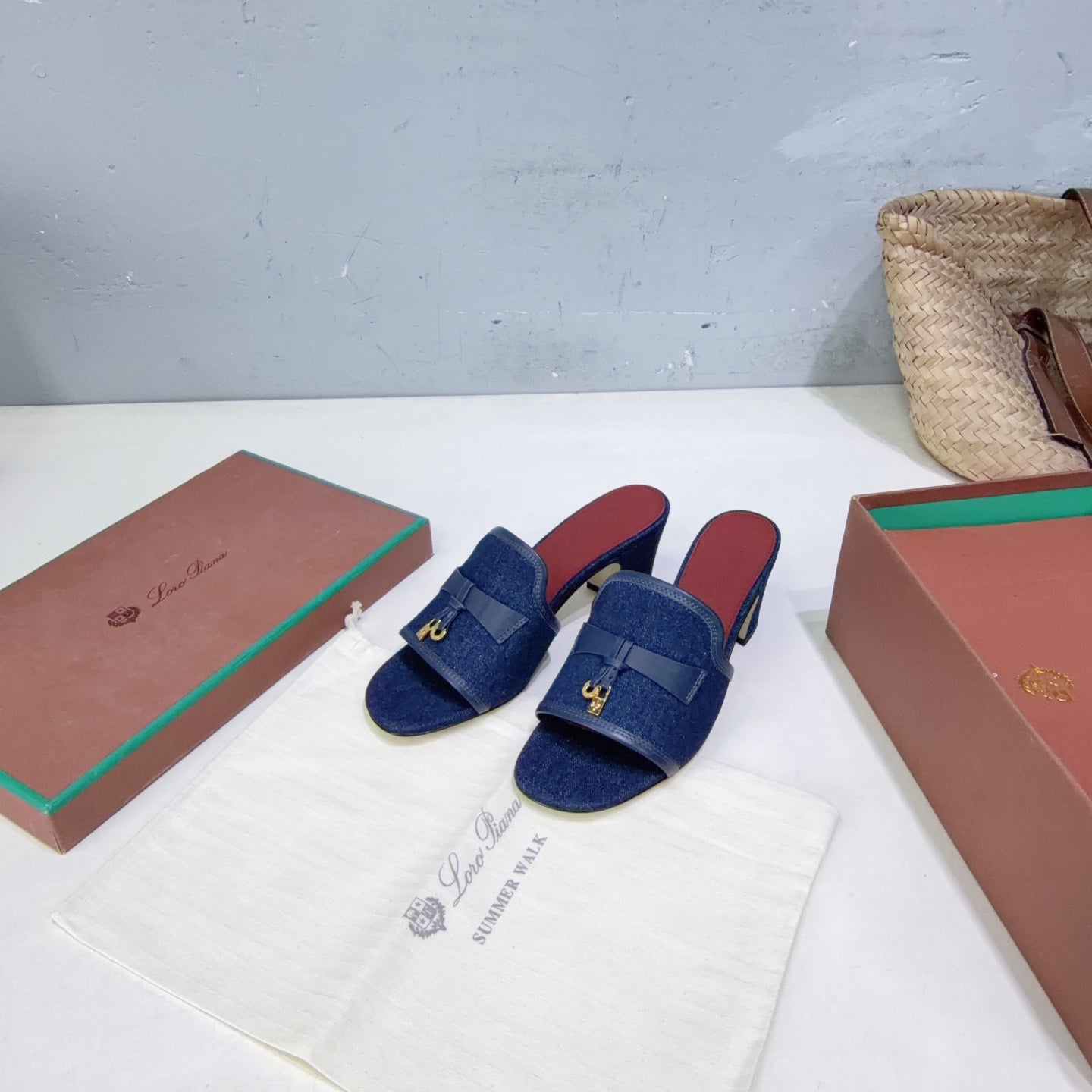 LP Summer Charms Mules 5.5cm Dark Blue Leather Canvas 742541