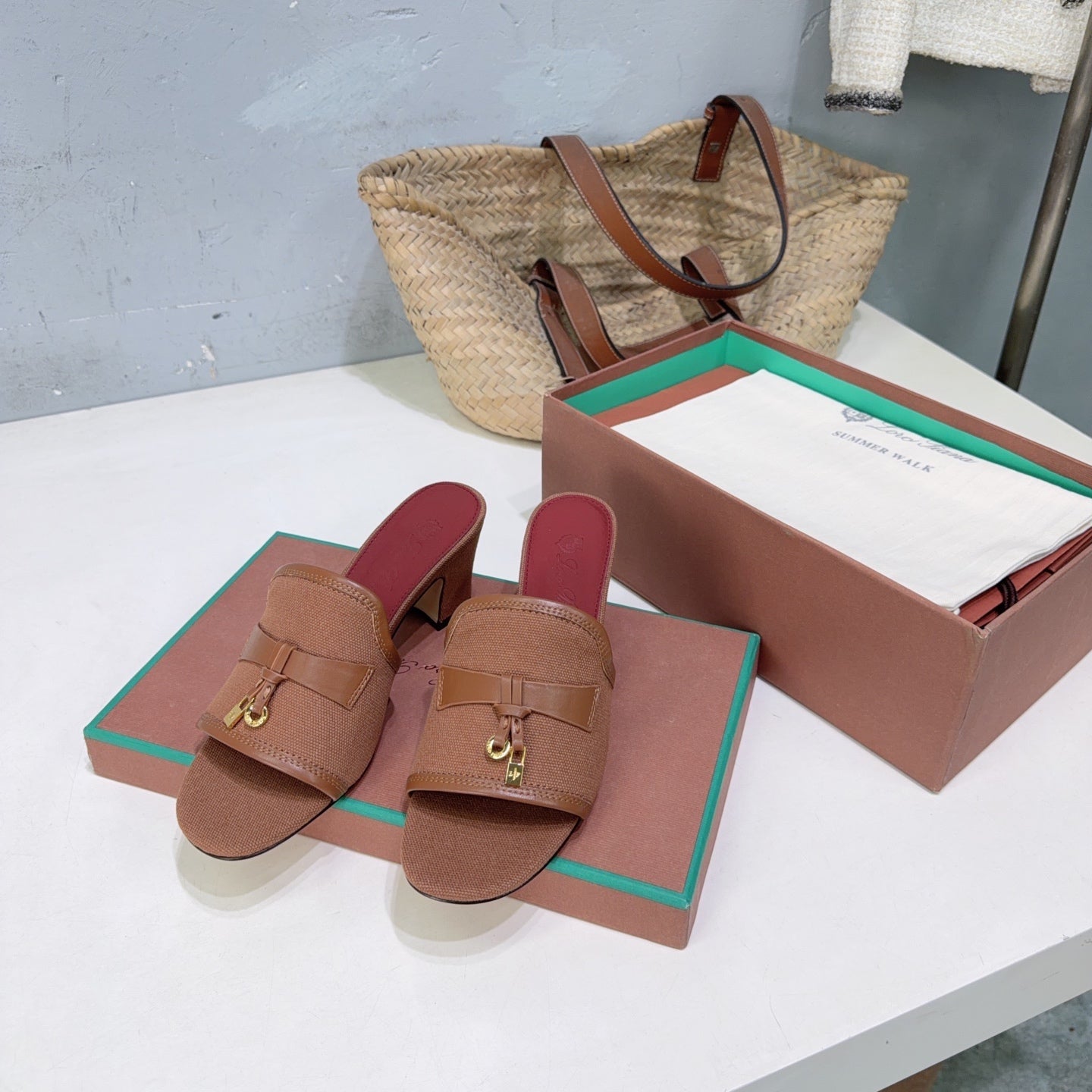 LP Summer Charms Mules 5.5cm Brown Leather Canvas 742542