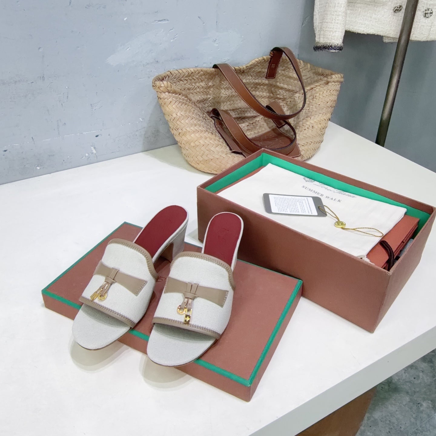 LP Summer Charms Mules 5.5cm White Taupe Leather Canvas 742543