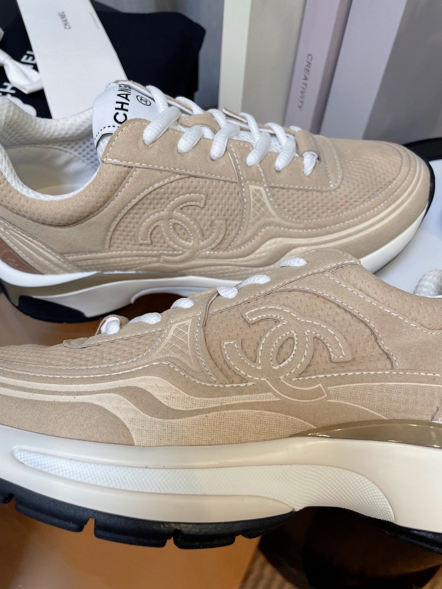 cc classic sneaker beige fabric calfskin