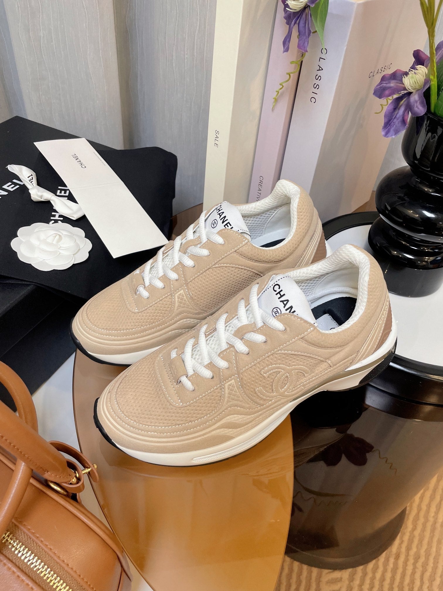 cc classic sneaker beige fabric calfskin