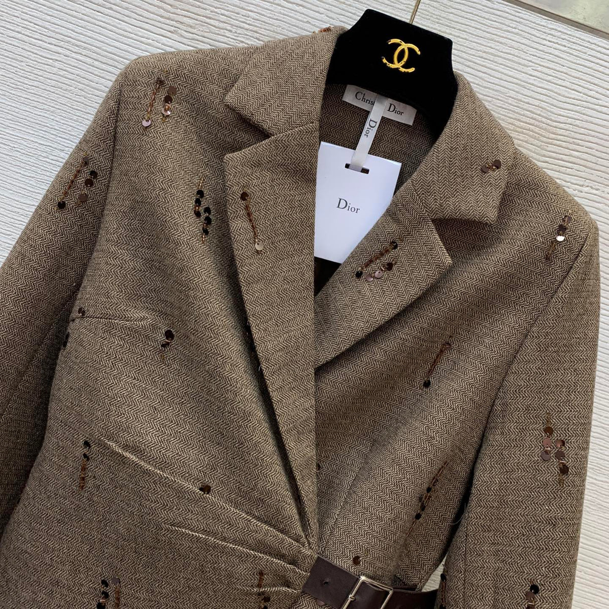 Dior 26s Blazer Skirt Set Asymmetrical Belt Mesh Tulle Brown Wool Polyester 445235