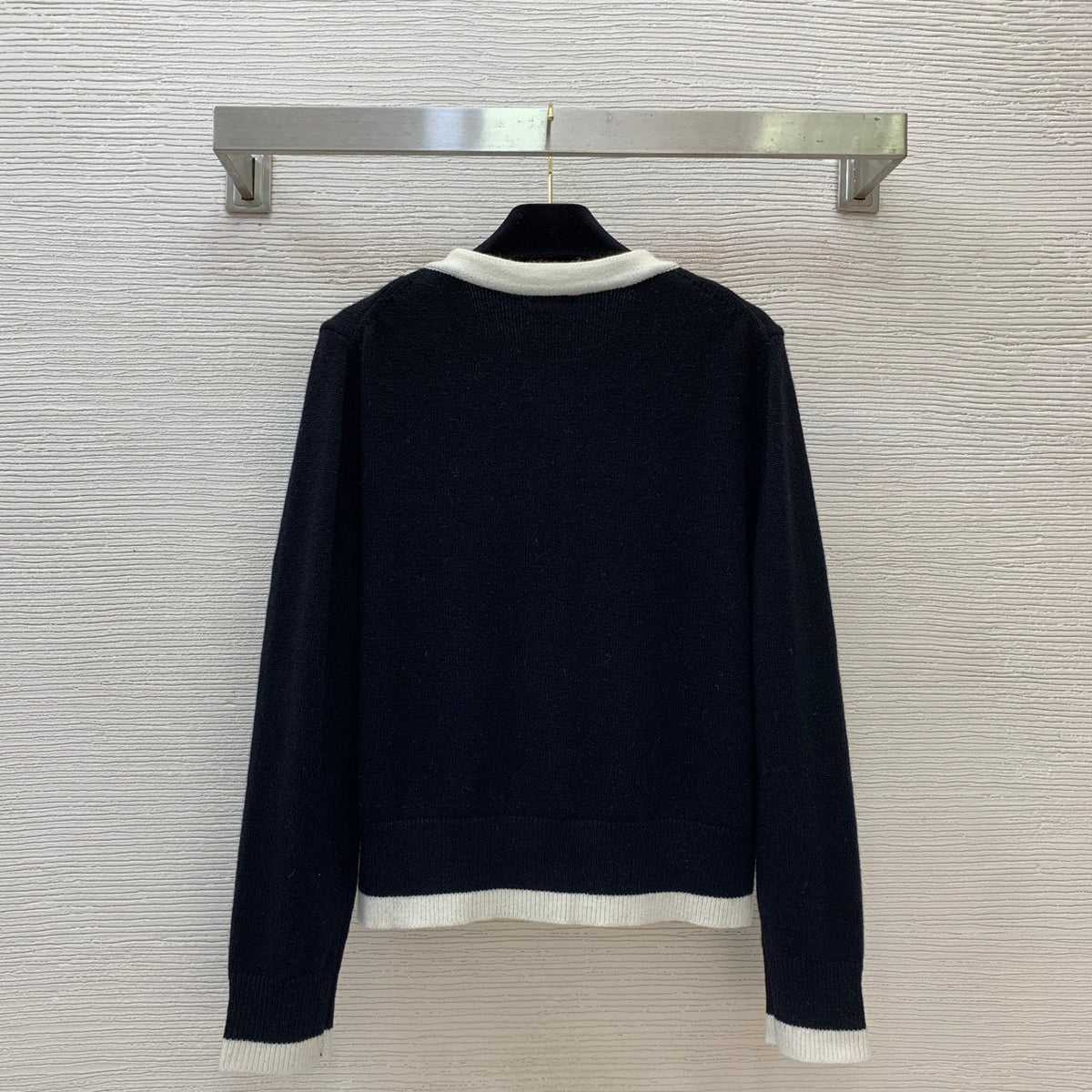 Chanel 26s Cardigan CC Brooch Fringe Contrast Trim Black White 445195