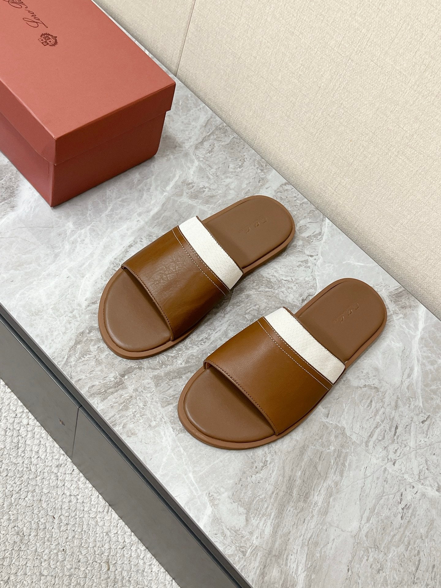 LP 26s Men’s Slides Sandal In Brown Calfskin And Ivory White Canvas