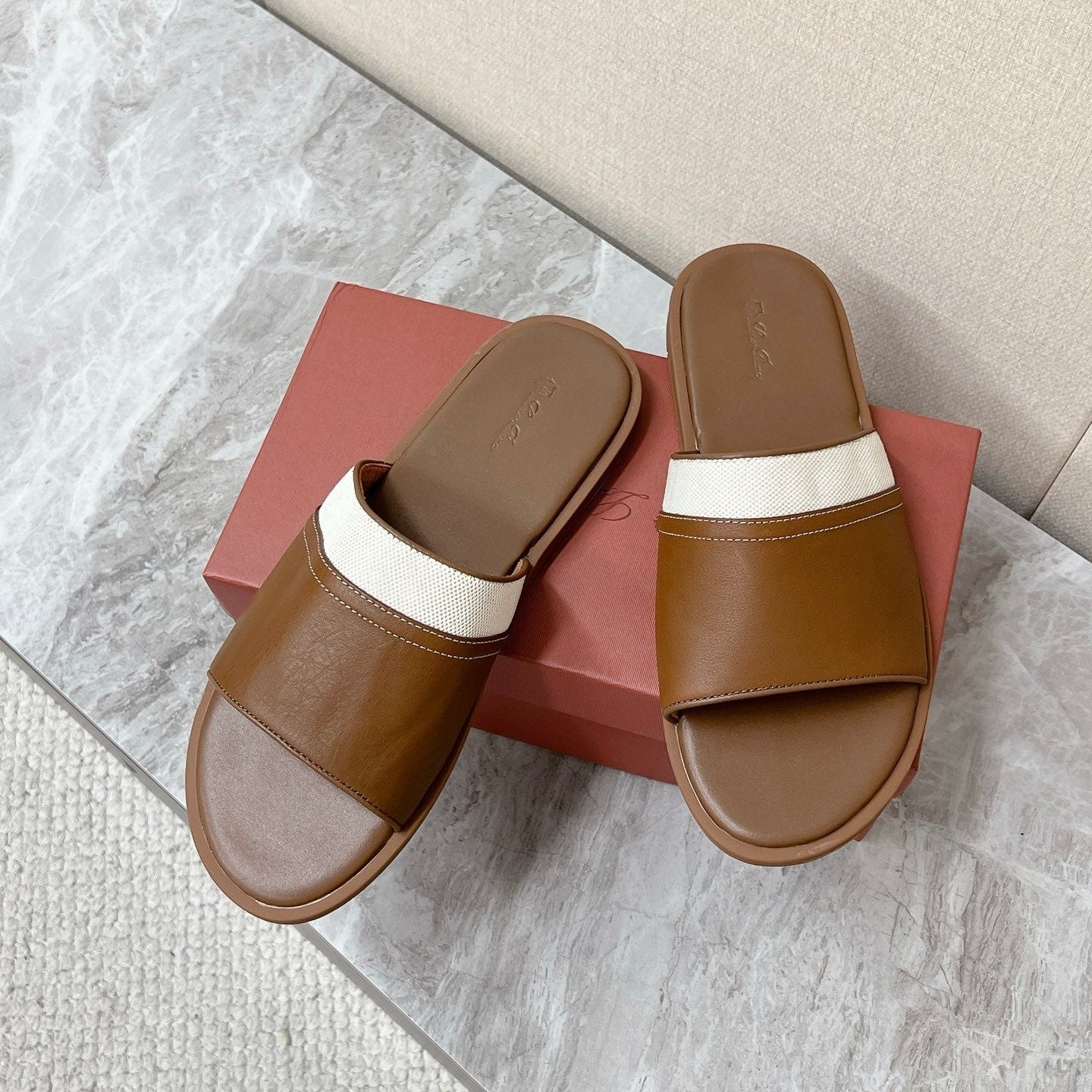 LP 26s Men’s Slides Sandal In Brown Calfskin And Ivory White Canvas