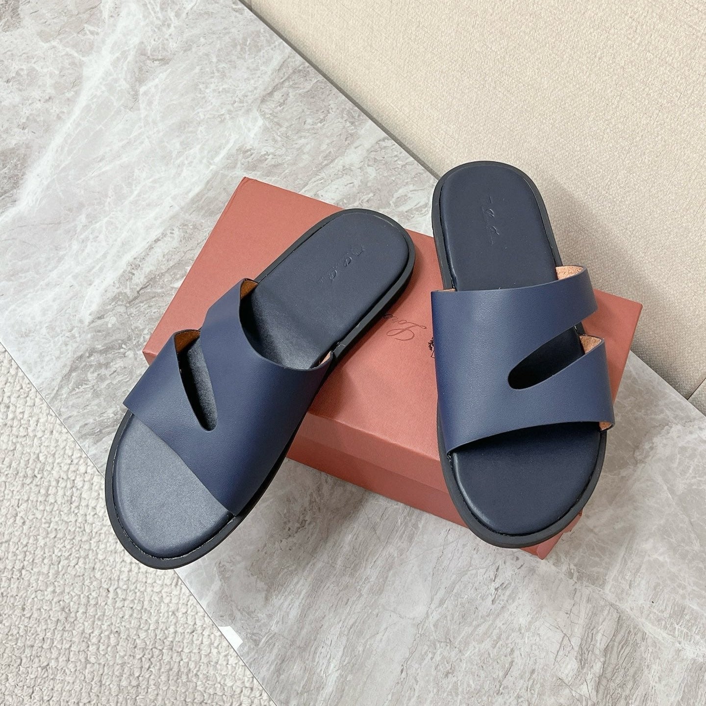 LP 26s Men’s Cutout Slides In Navy Blue Calfskin