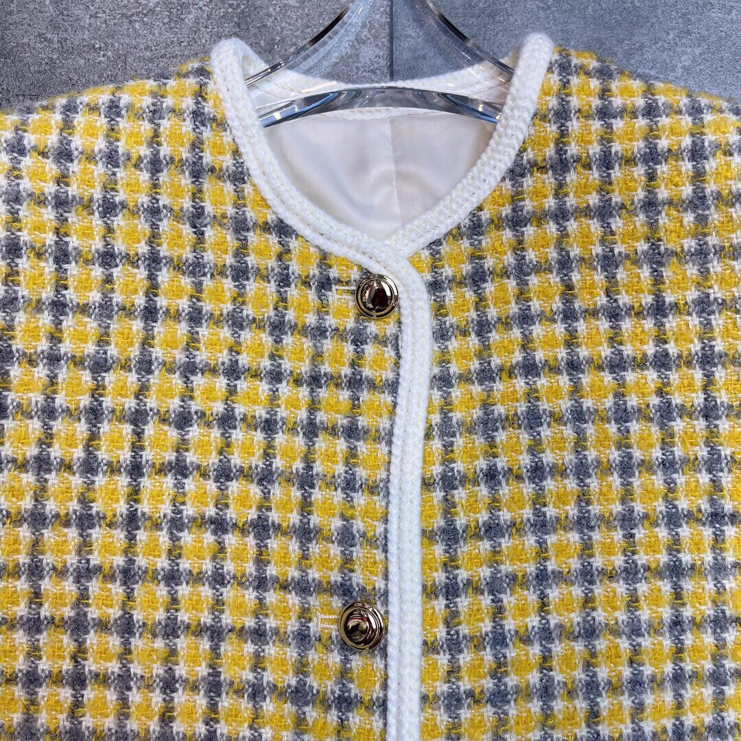Miumiu 2025 Round Neck Long-sleeved Coat Yellow Tweeed Wool