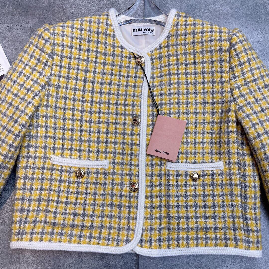 Miumiu 2025 Round Neck Long-sleeved Coat Yellow Tweeed Wool