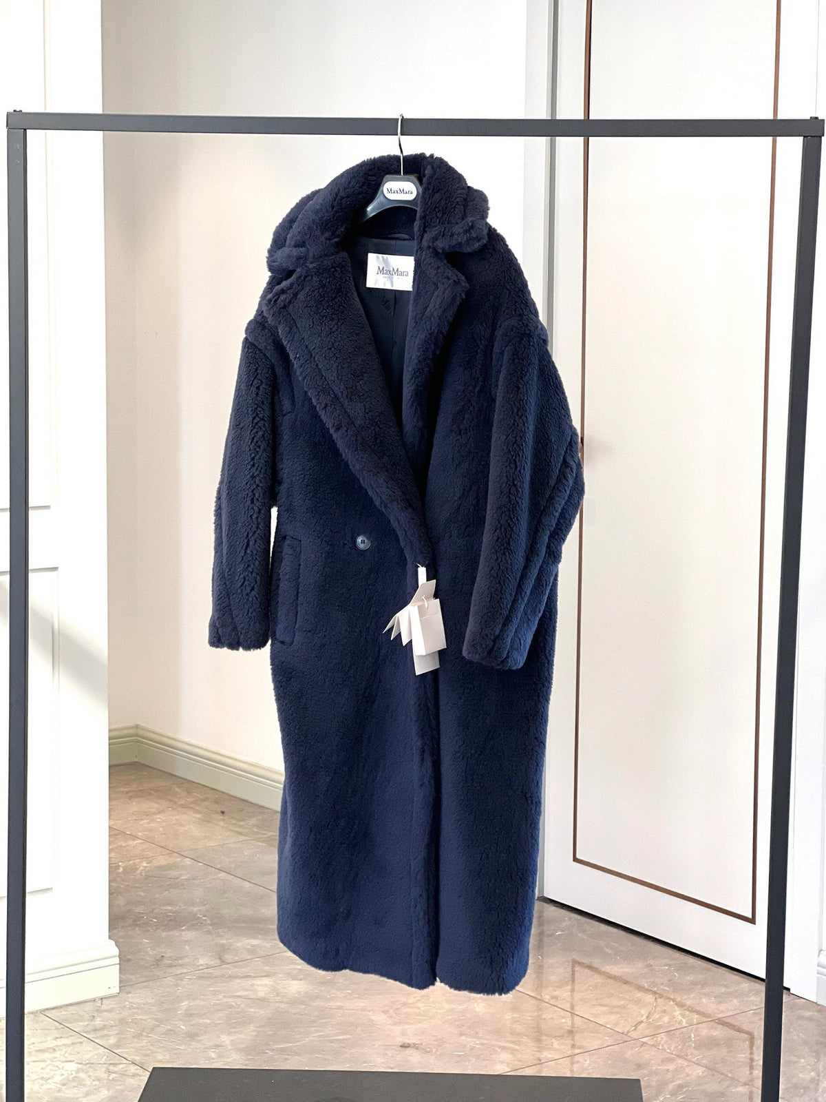 Max Mara Teddy Bear Icon Long Coat Navy Alpaca Wool Silk 429226