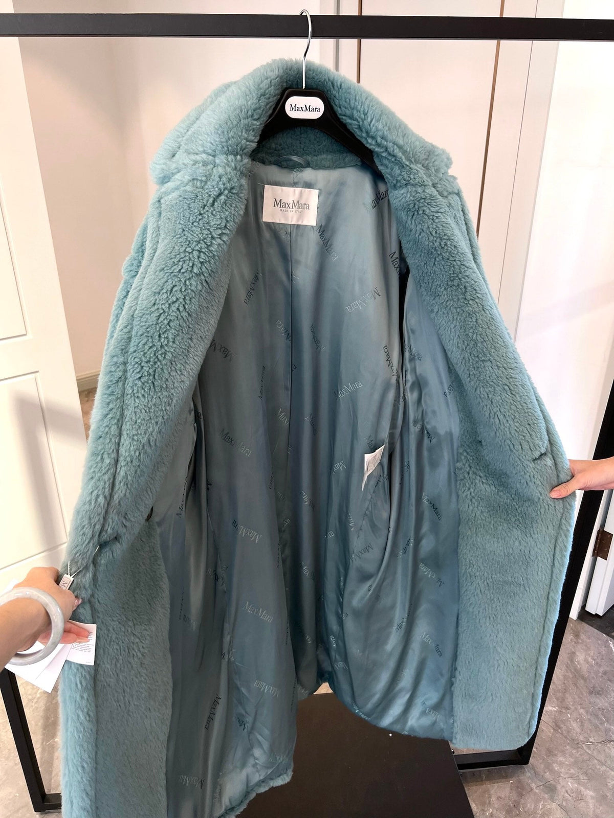 Max Mara Teddy Bear Icon Long Coat Sage Green Alpaca Wool Silk 429223