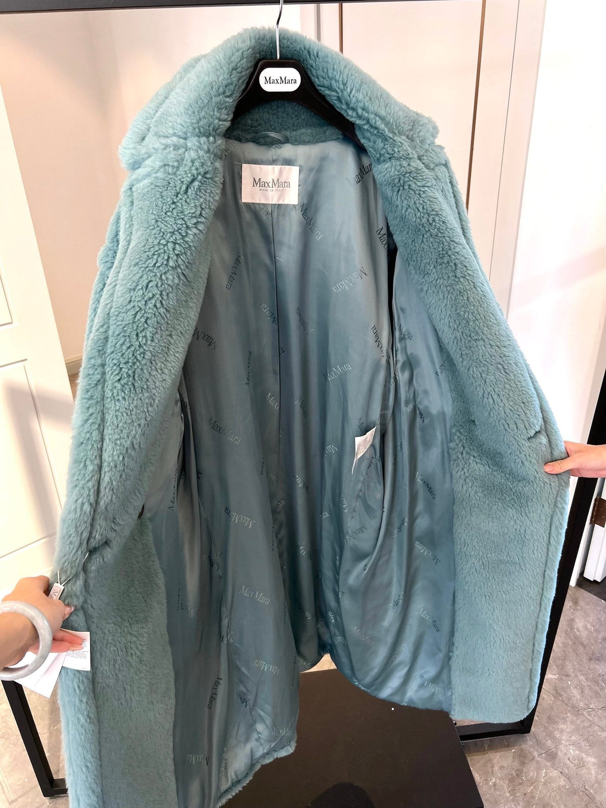 Max Mara Teddy Bear Icon Long Coat Sage Green Alpaca Wool Silk 429223