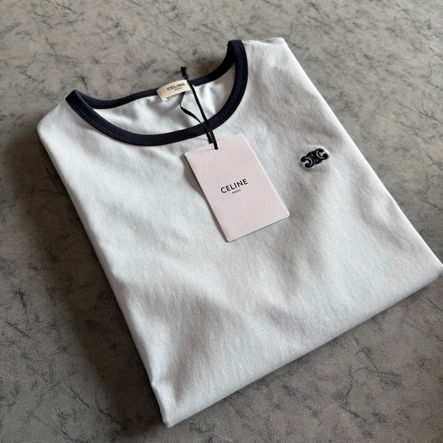 Celine SS26 Short-Sleeve Tee Small Logo Embroidery White Cotton 350489