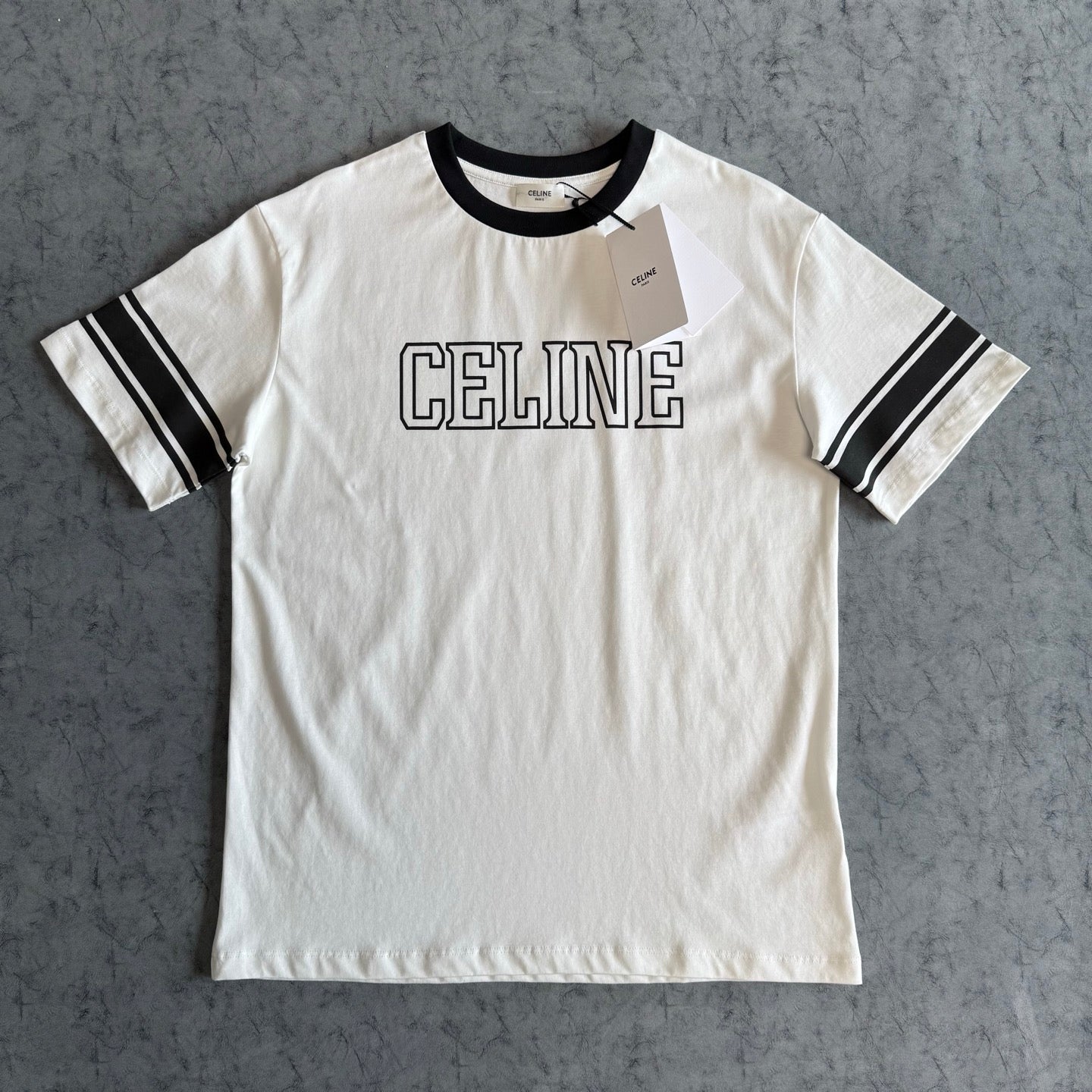 Celine SS26 Color-blocked Letter Print T-shirt White Black Cotton 350495