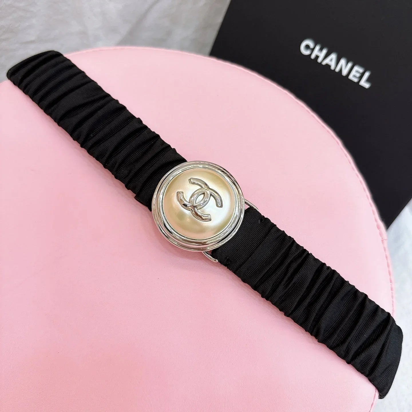 CC Elastic Waist Belt 3.0CM Black Canvas Gold Buckle 196837