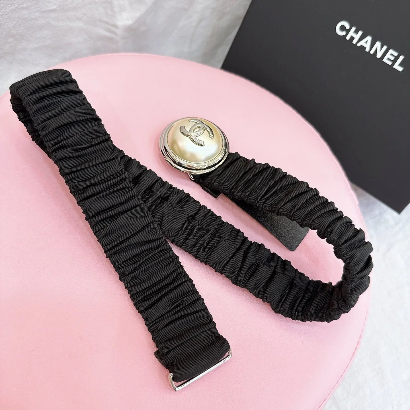 CC Elastic Waist Belt 3.0CM Black Canvas Gold Buckle 196837