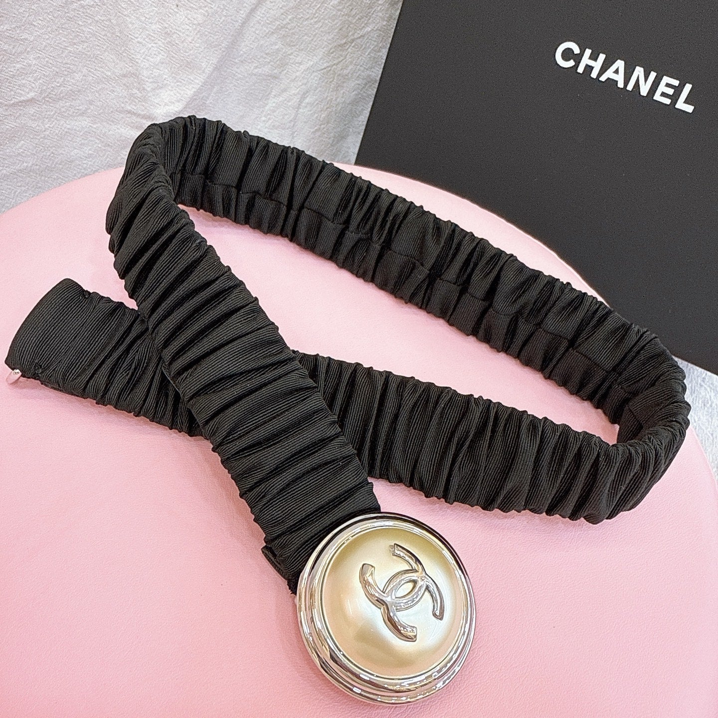 CC Elastic Waist Belt 3.0CM Black Canvas Gold Buckle 196837