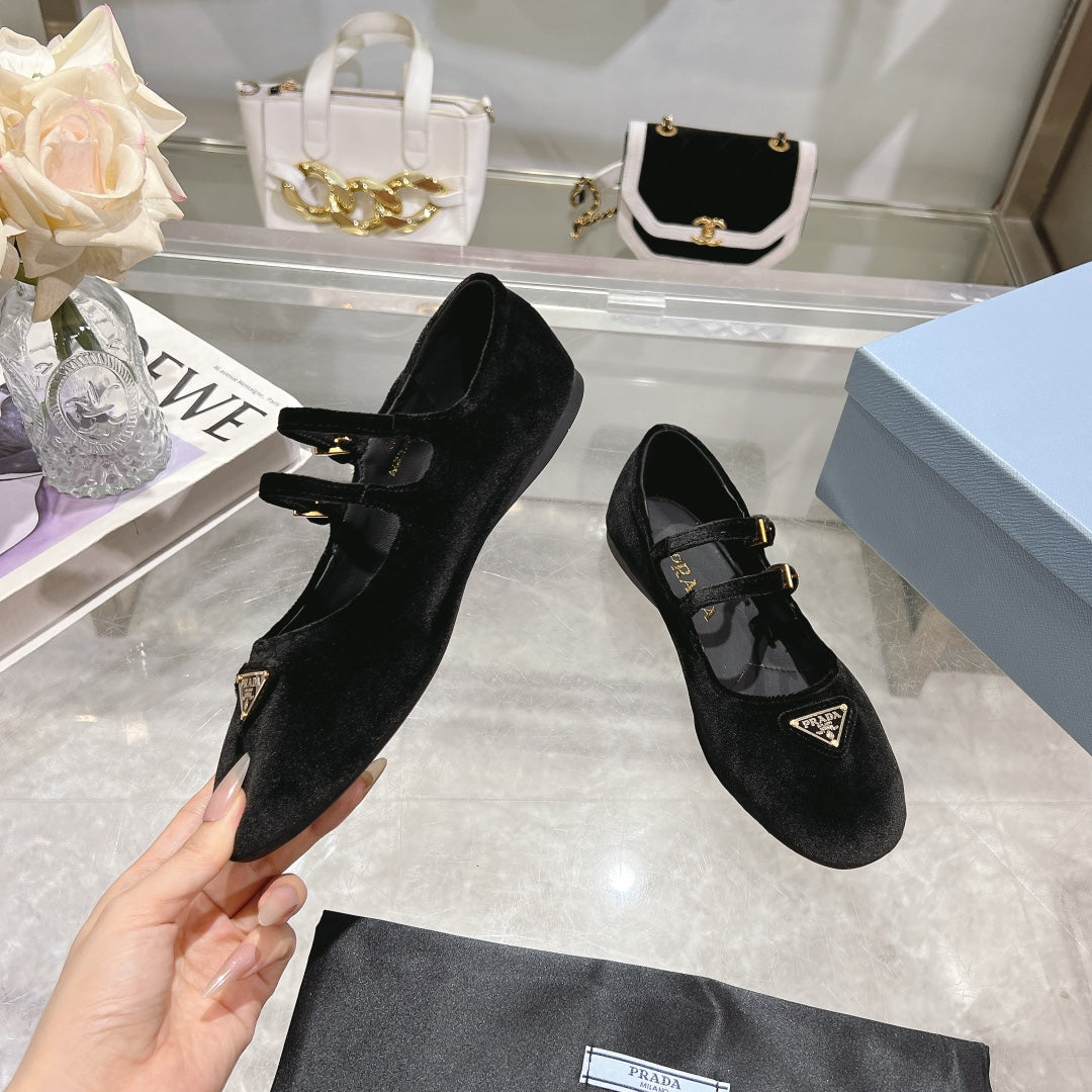 Prada 26s Finish Ballerina Black Velvet 982412