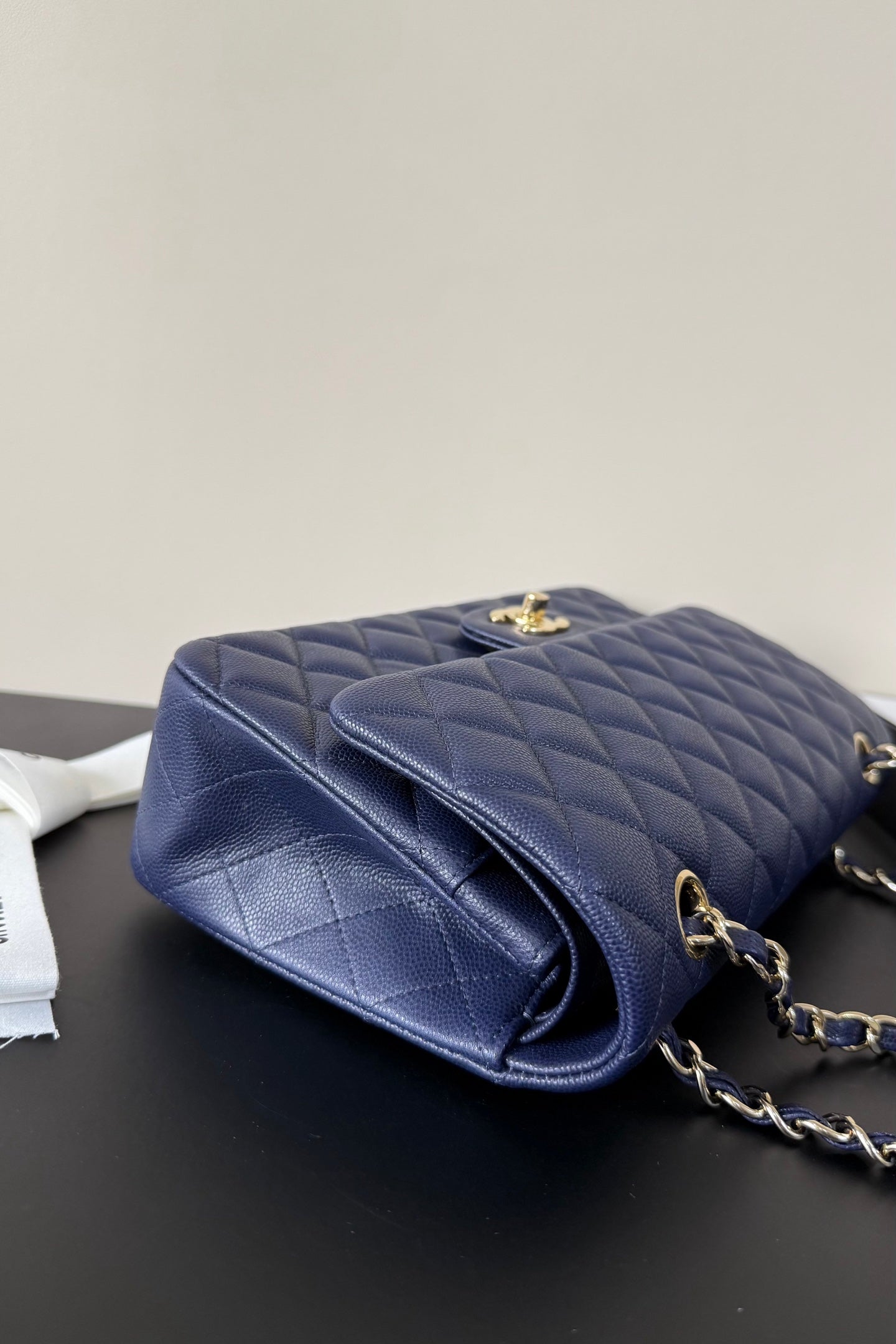 CC Classic Double Flap Bag 25cm Navy Blue Caviar Leather