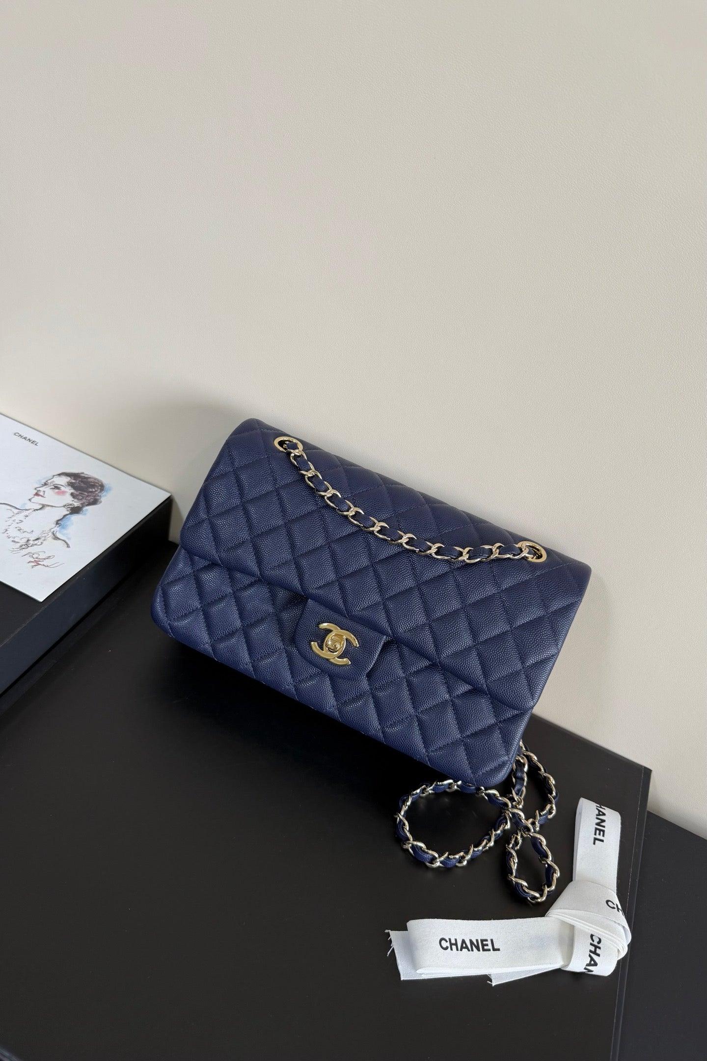CC Classic Double Flap Bag 25cm Navy Blue Caviar Leather