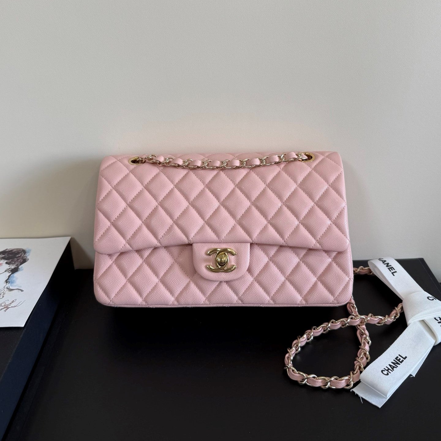 CC Classic Double Flap Bag 25cm Light PInk Caviar Leather