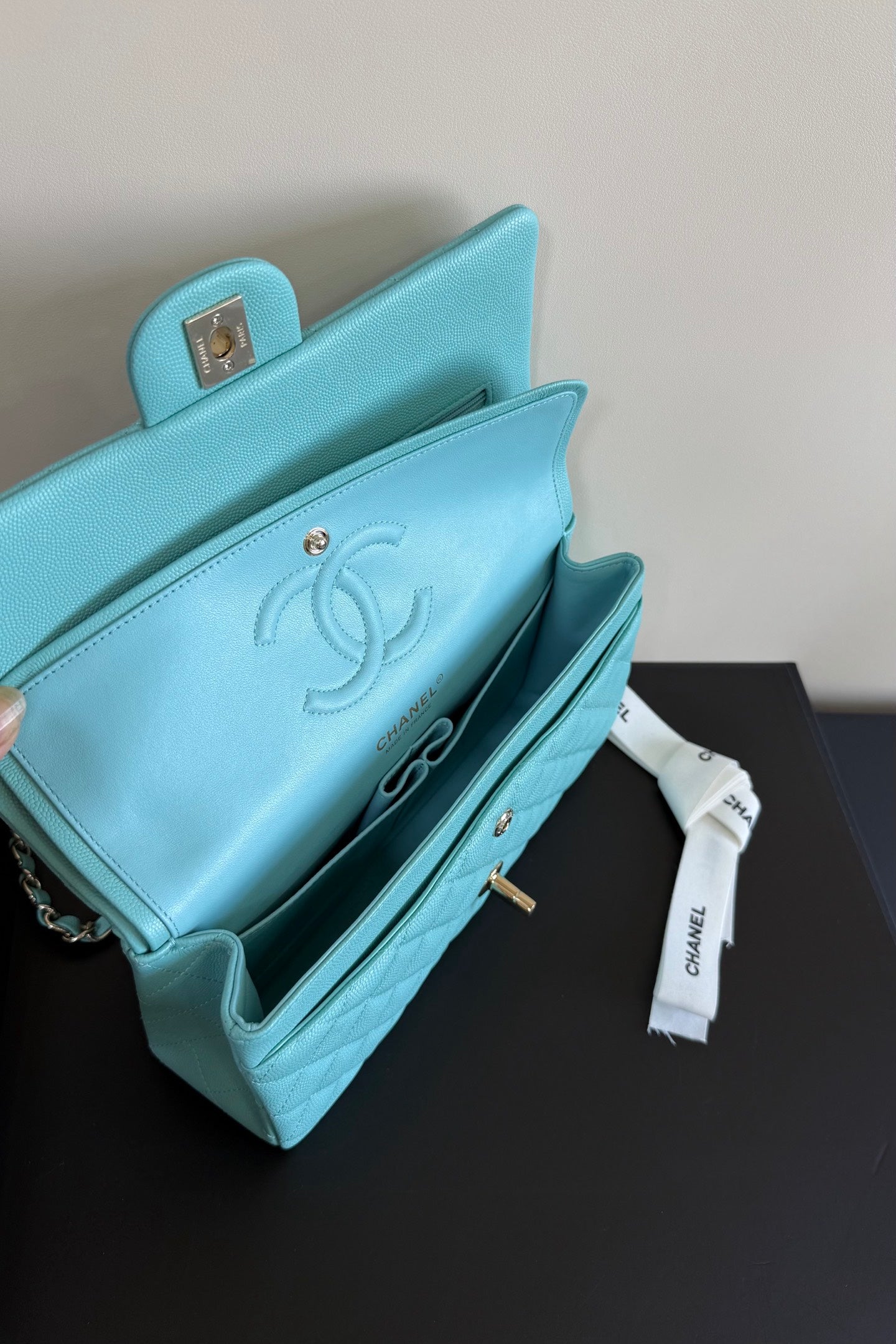 CC Classic Double Flap Bag 25cm Sky Blue Caviar Leather