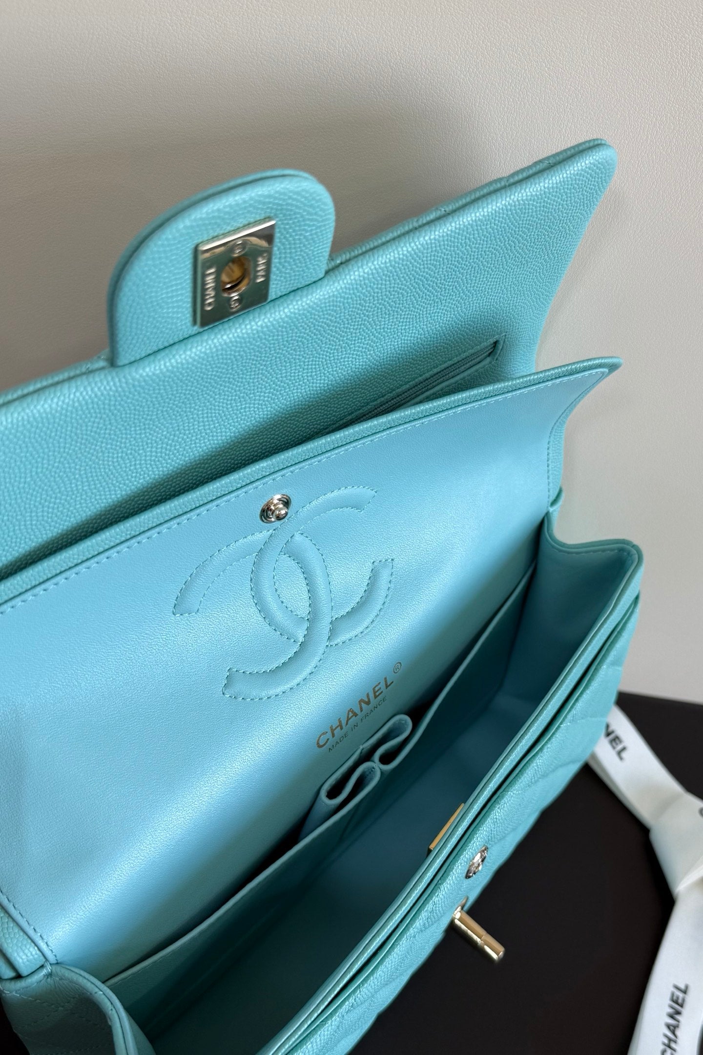 CC Classic Double Flap Bag 25cm Sky Blue Caviar Leather