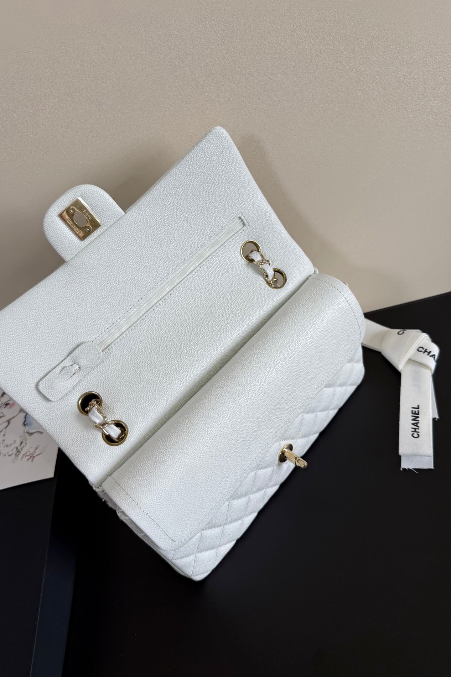 CC Classic Double Flap Bag 25cm White Caviar Leather