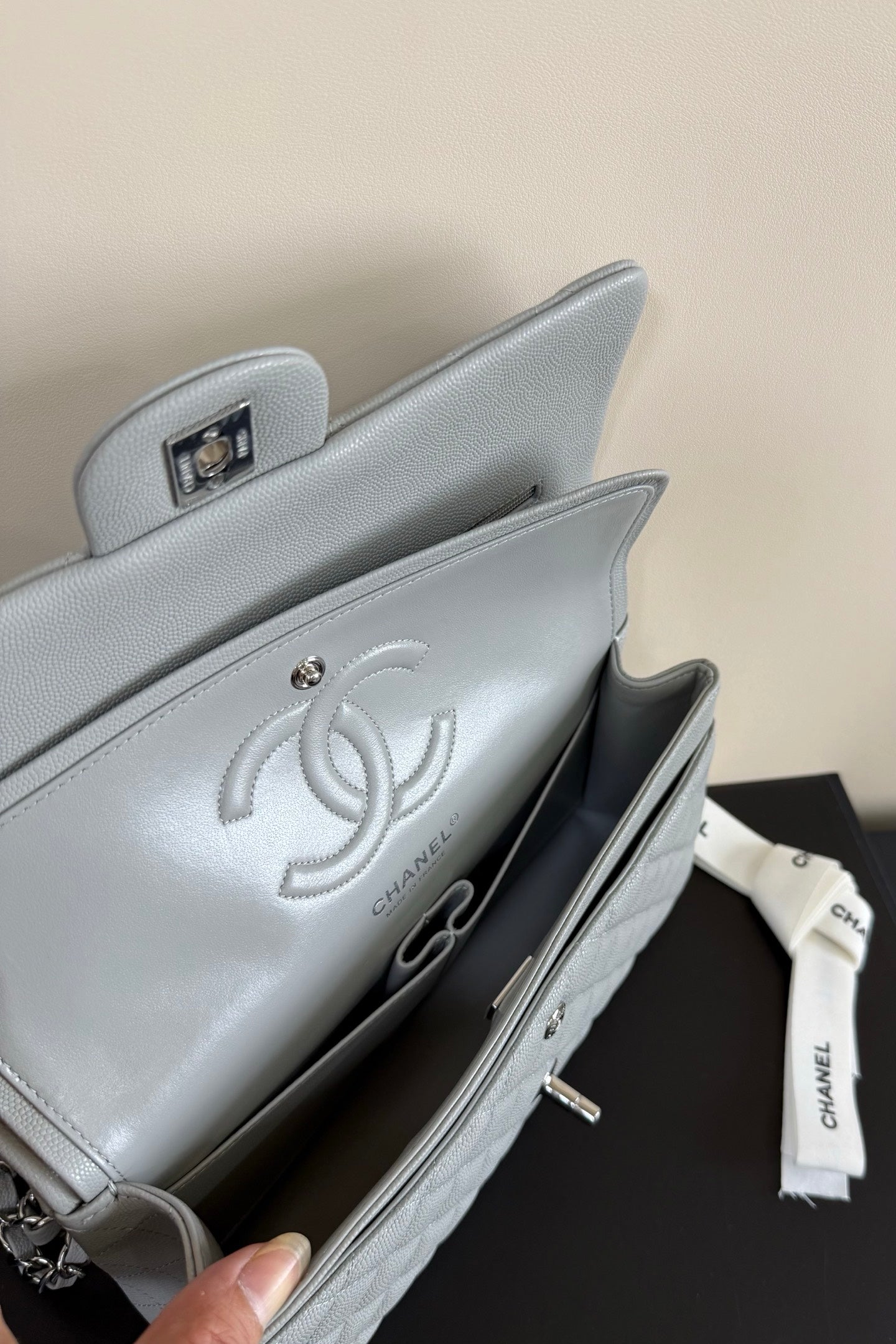 CC Classic Double Flap Bag 25cm Light Grey Caviar Leather
