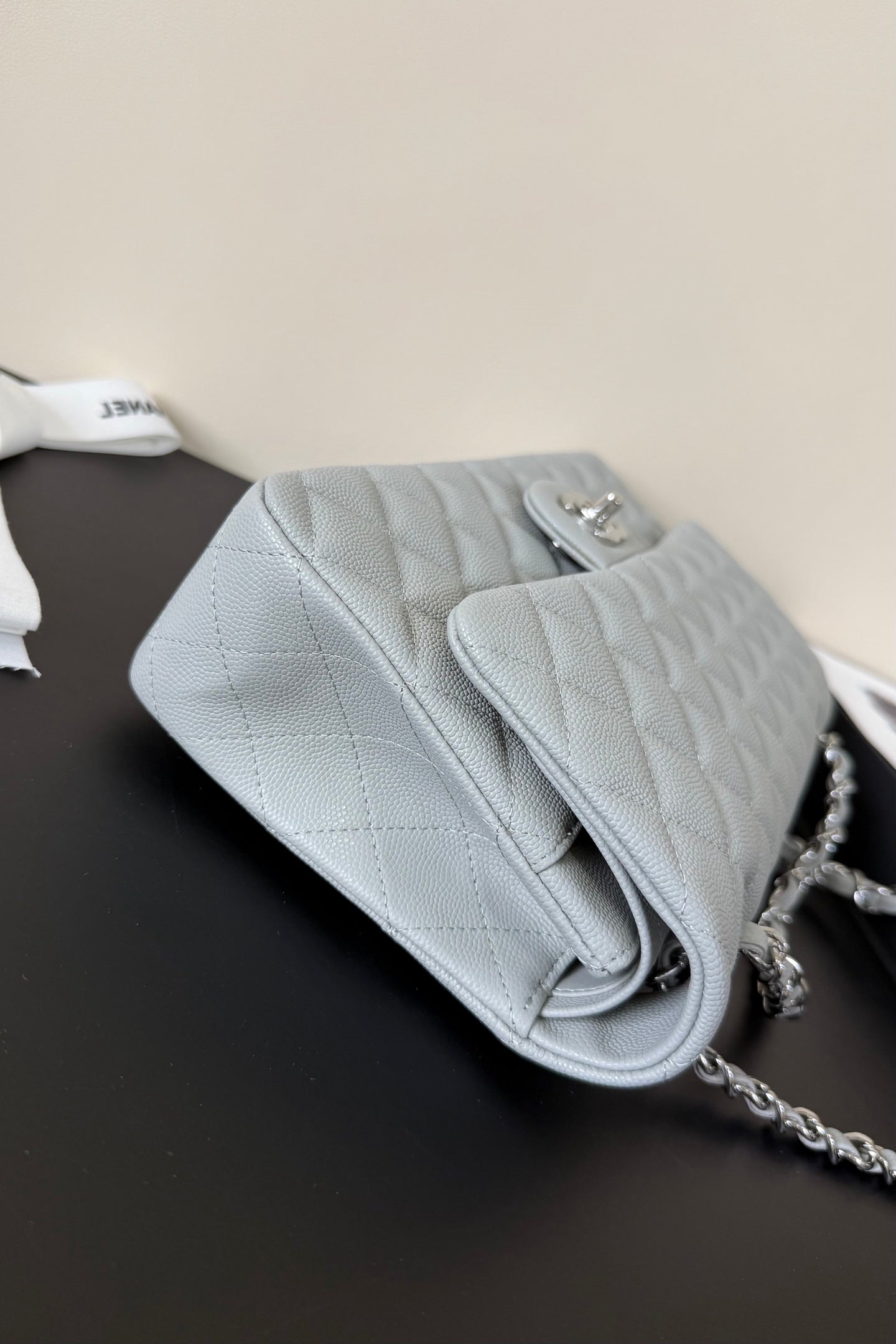 CC Classic Double Flap Bag 25cm Light Grey Caviar Leather