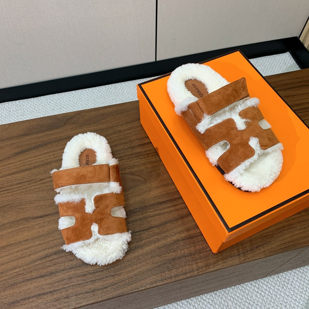 HM Chypre Sandal In Brown Orange Mix White Fleece And Suede 984198