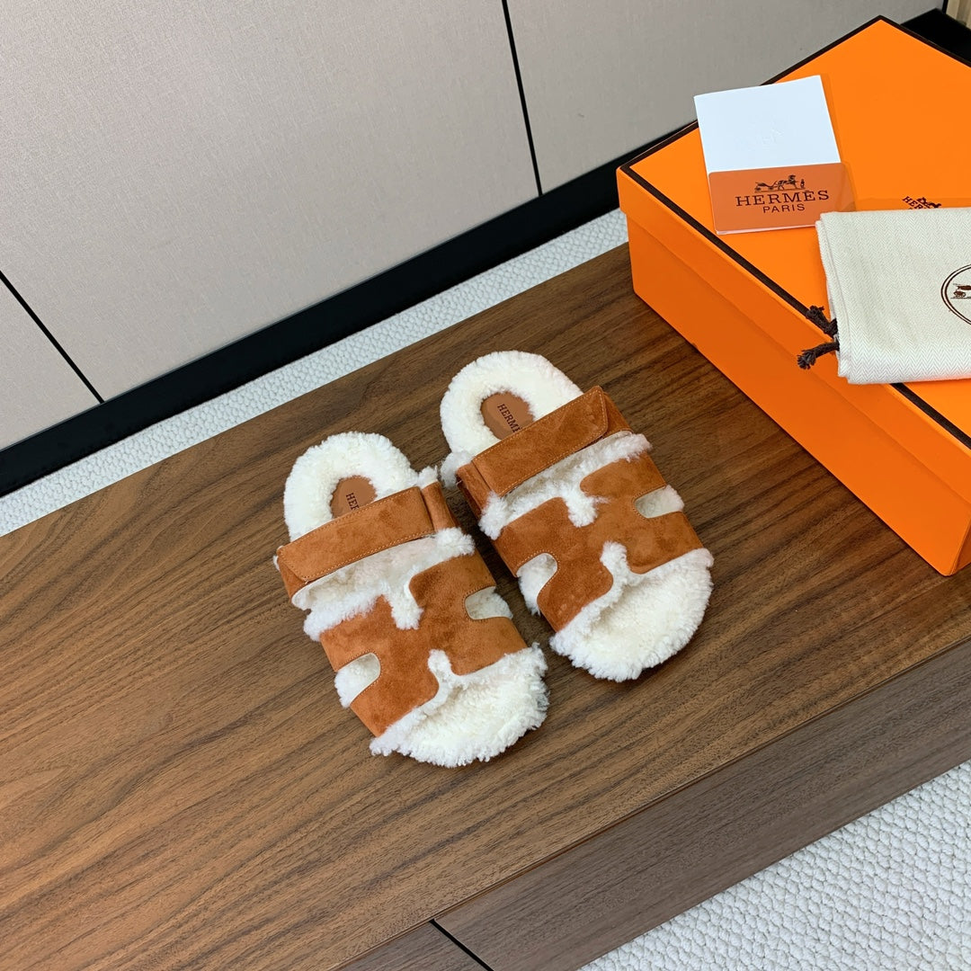 HM Chypre Sandal In Brown Orange Mix White Fleece And Suede 984198
