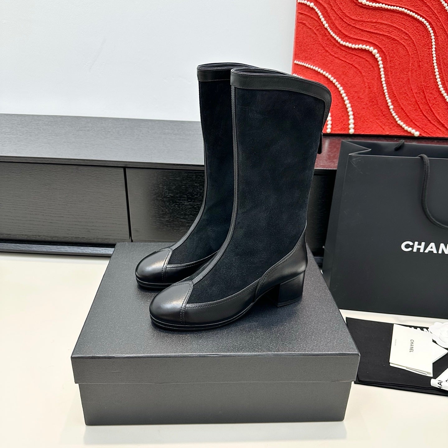 CC 25th Métiers d’art High Boots 55mm Black Suede & Cowhide 413020