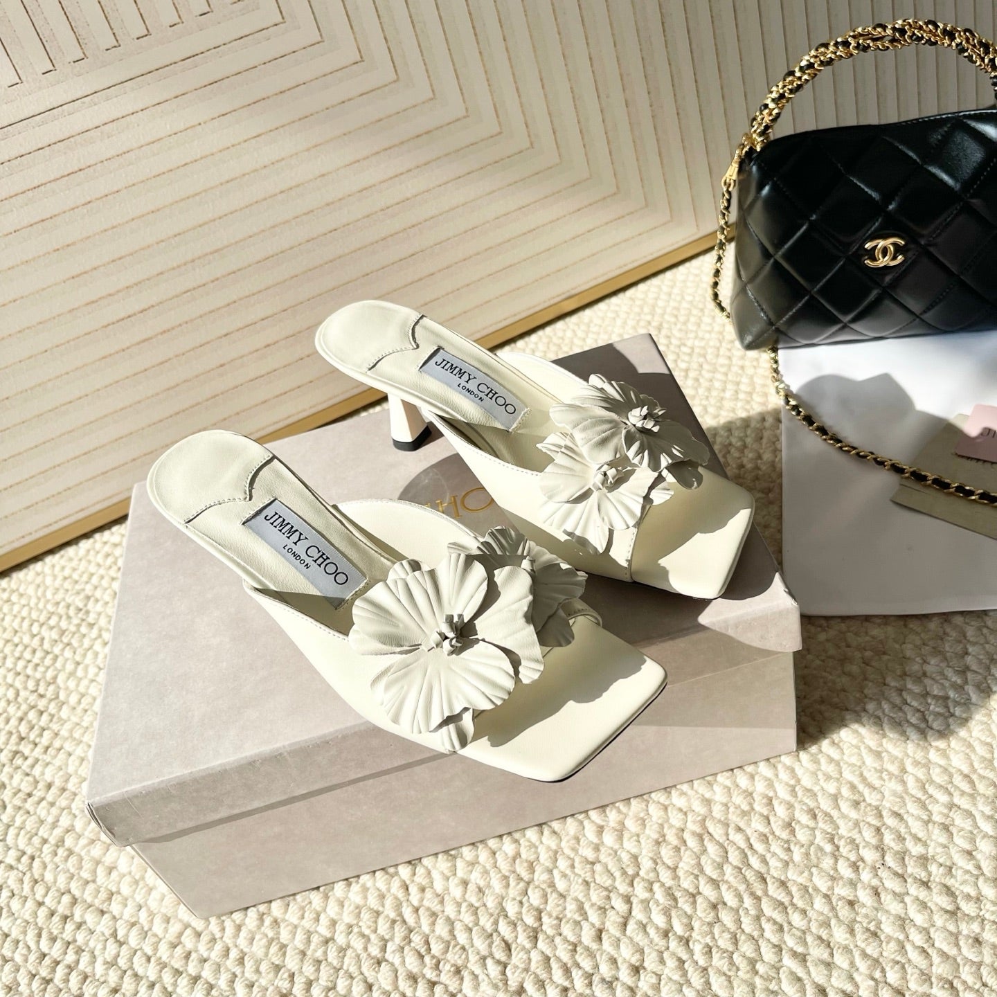 Jimmy Choo Skye Corsage Sandals White Sheepskin 669840