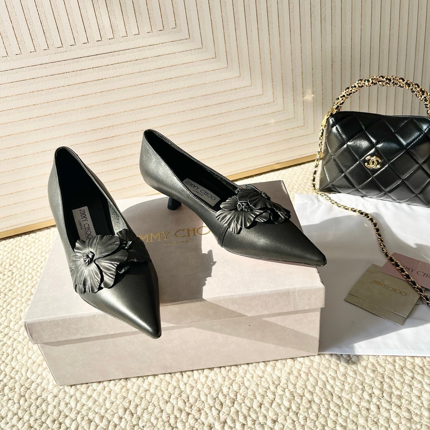 Jimmy Choo Skye Corsage Pump 4.5cm Black Sheepskin 669842