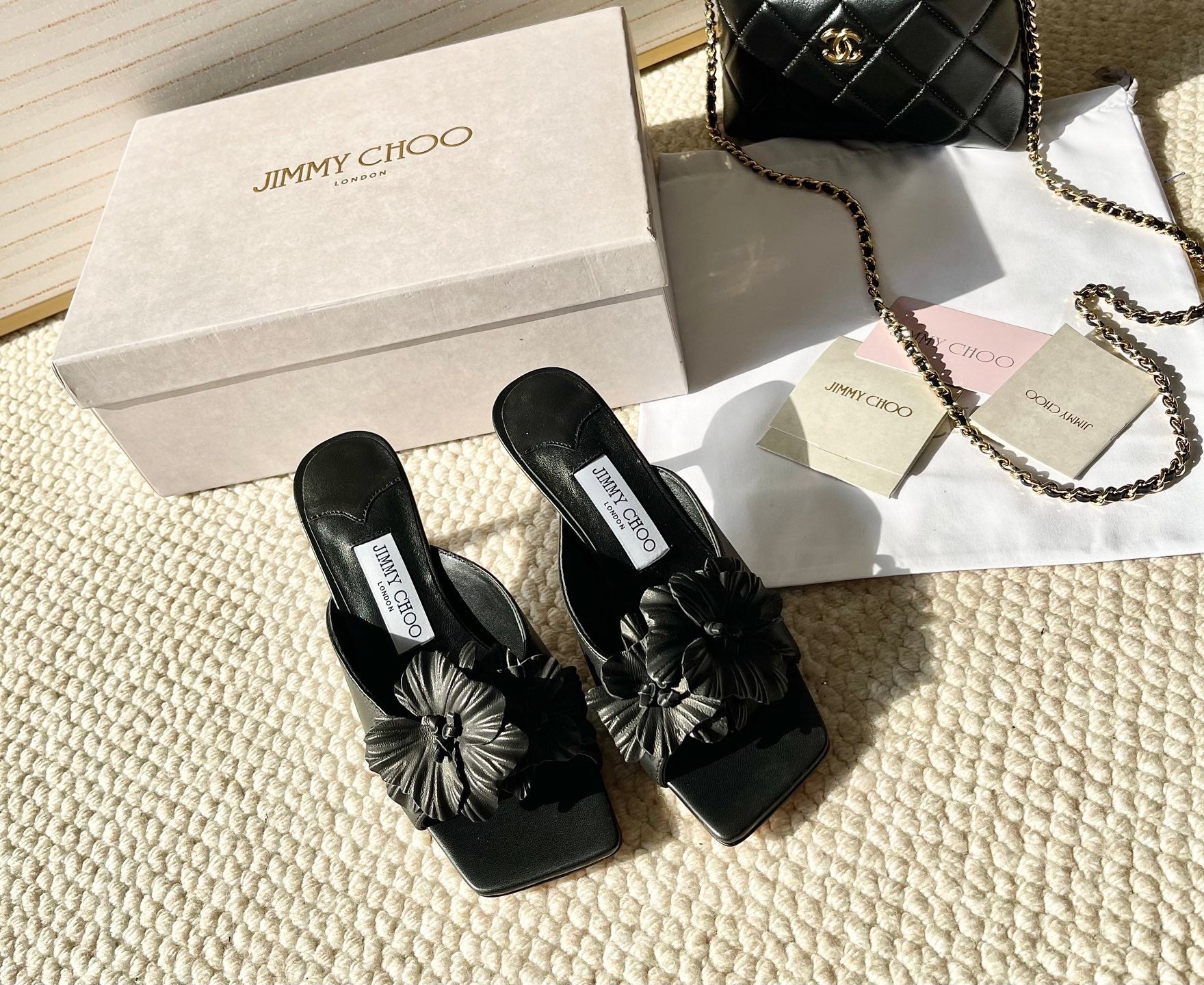 Jimmy Choo Skye Corsage Sandals Black Sheepskin 669846