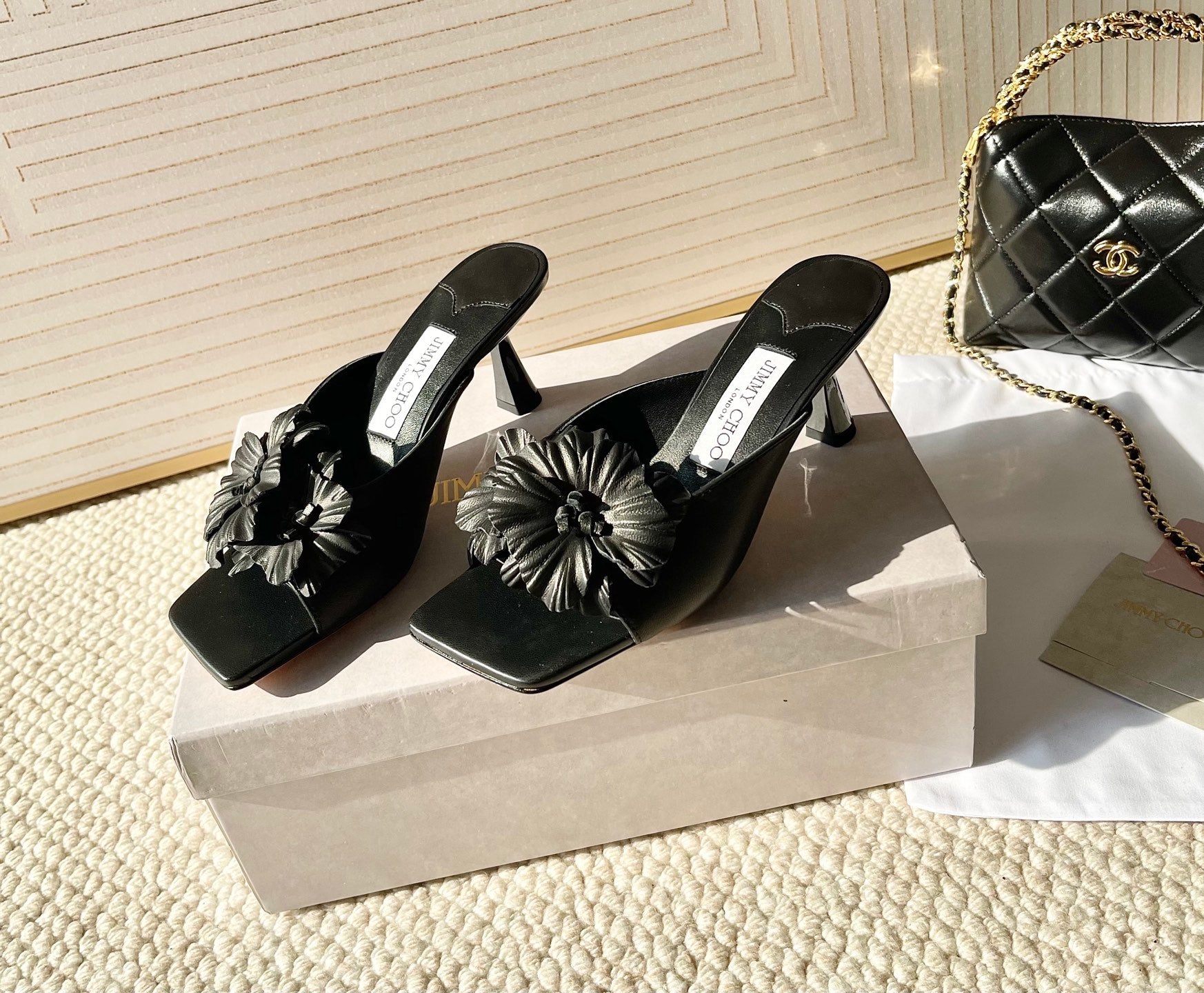 Jimmy Choo Skye Corsage Sandals Black Sheepskin 669846
