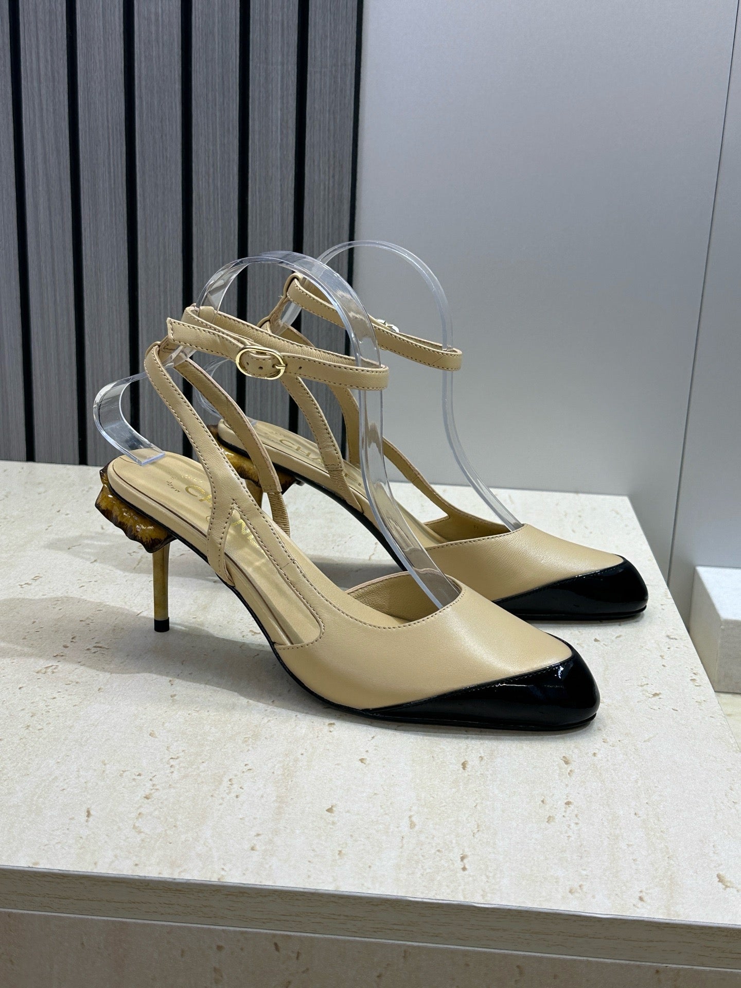CC 2026 Couture Slingback Mushroom Heels Beige Patent Leather 787182
